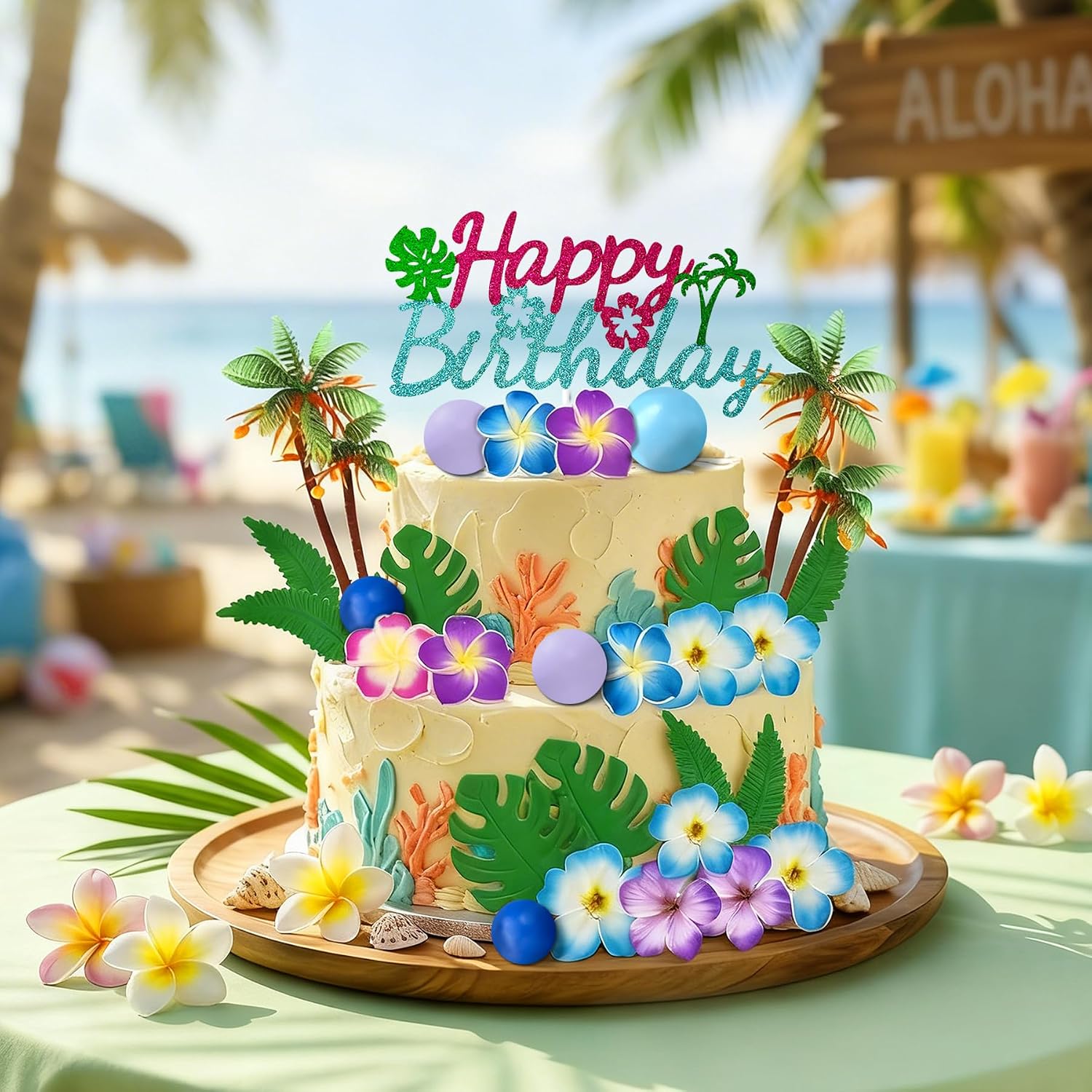 Hawaiian Cake Topper Summer Cake Topper Flower Cake Decorations | Hawaiian Themed Birthday Party Supplies