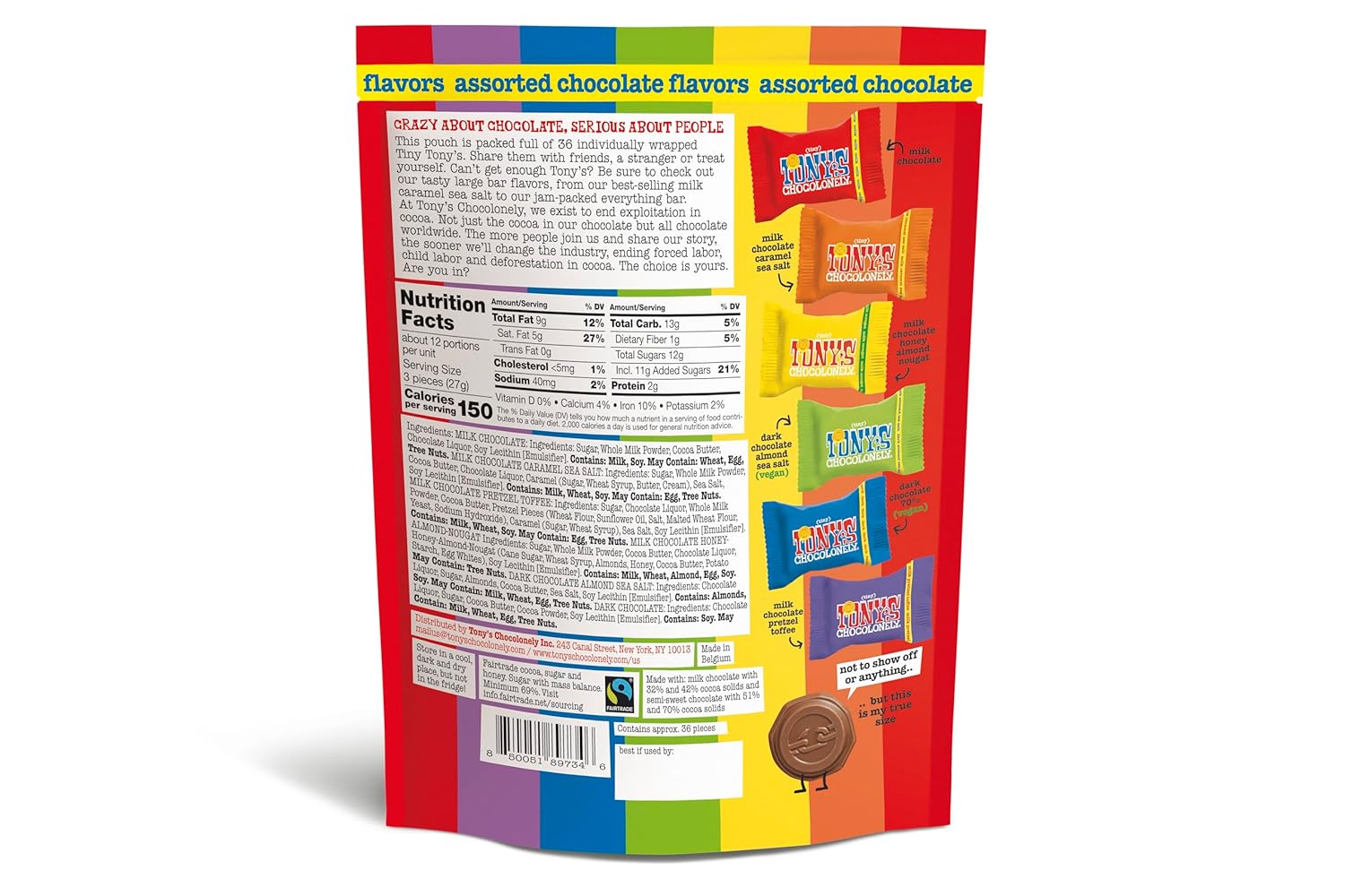 Tony’s Chocolonely Assorted Chocolate Candy Pieces,Belgian Milk & Dark Chocolate,CaramelSeaSalt,Almond Sea Salt,Honey Almond Nougat,Pretzel Toffee,QualityFairtradeCocoa,36 Count,11.28 Oz(Pack of 2)