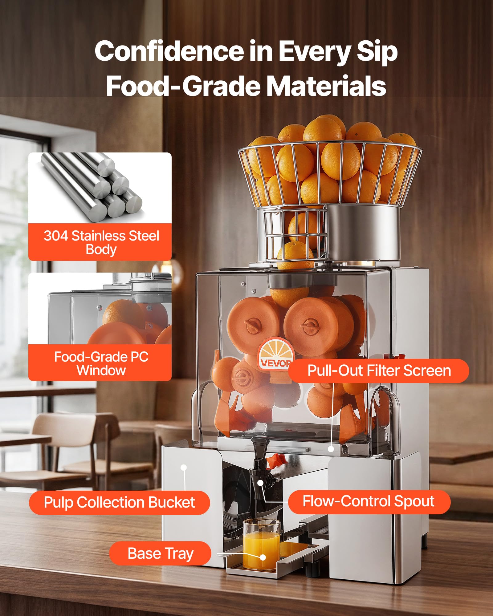 VEVOR Máquina Exprimidora Automática de Naranjas Comercial 120 W con Grifo, De Acero Inoxidable y PC, Con 2 Recipientes, Capacidad para Hasta 20 Naranjas por Minuto, Para Limones y Cítricos 55-80 mm