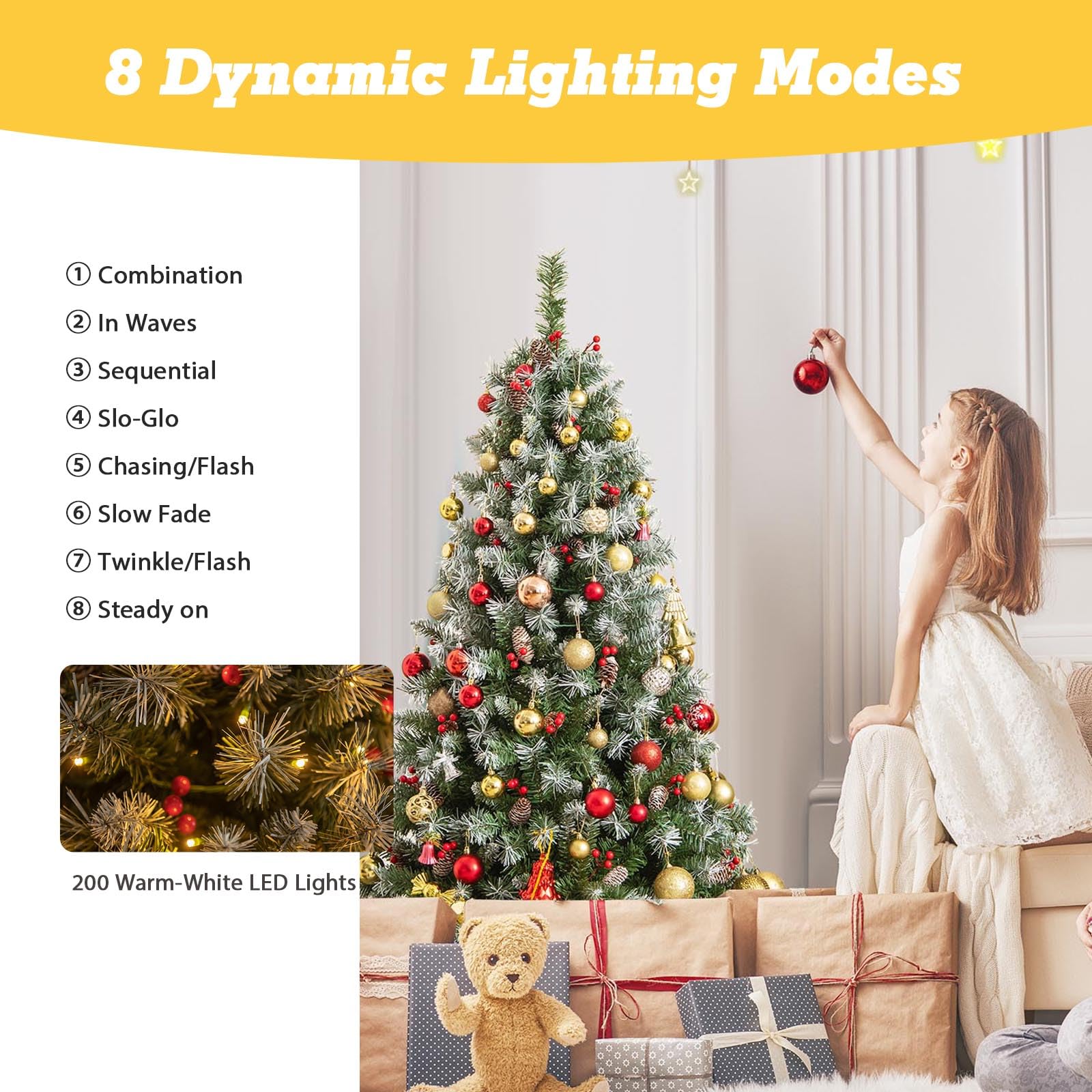 LIFEZEAL Árbol de Navidad LED de PVC - Abeto Artificial Nevado Con 8 Efectos de Luz y Soporte de Metal (195cm)
