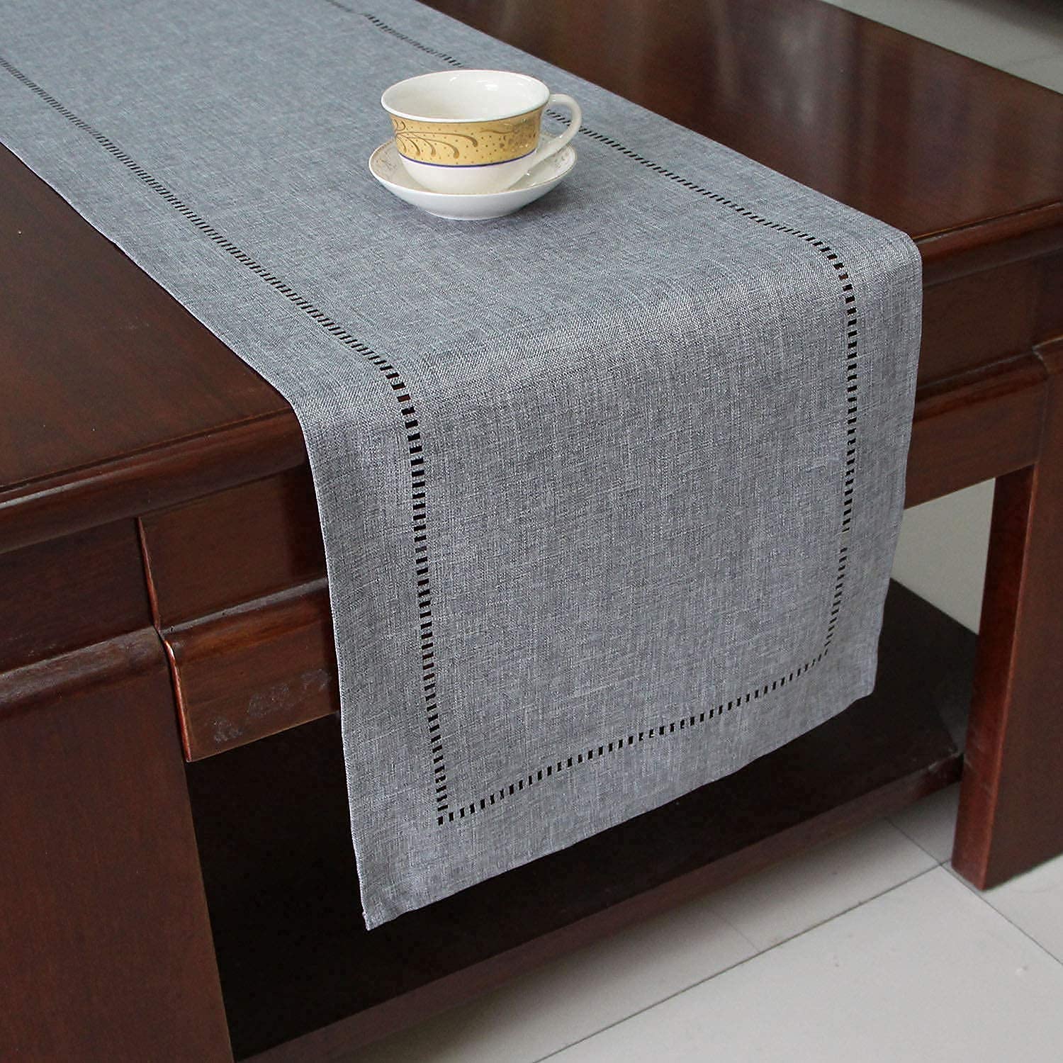 Runner Da Tavolo In Lino Imitato - Striscia Centrotavola Moderna 32x180 Cm (Grigio Scuro) - Foto 11