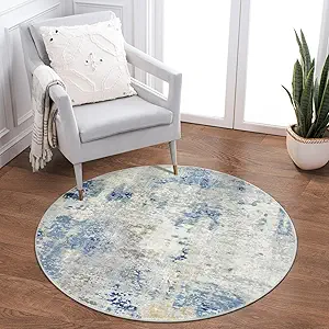 Lahome Modern Abstract Round Rug 3Ft, Blue Washable 3x3 Circle Rugs for Kitchen Entryway Soft Small Bedroom Mat Non Slip, Contemporary Indoor Floor Throw Carpet for Nursery Home Office