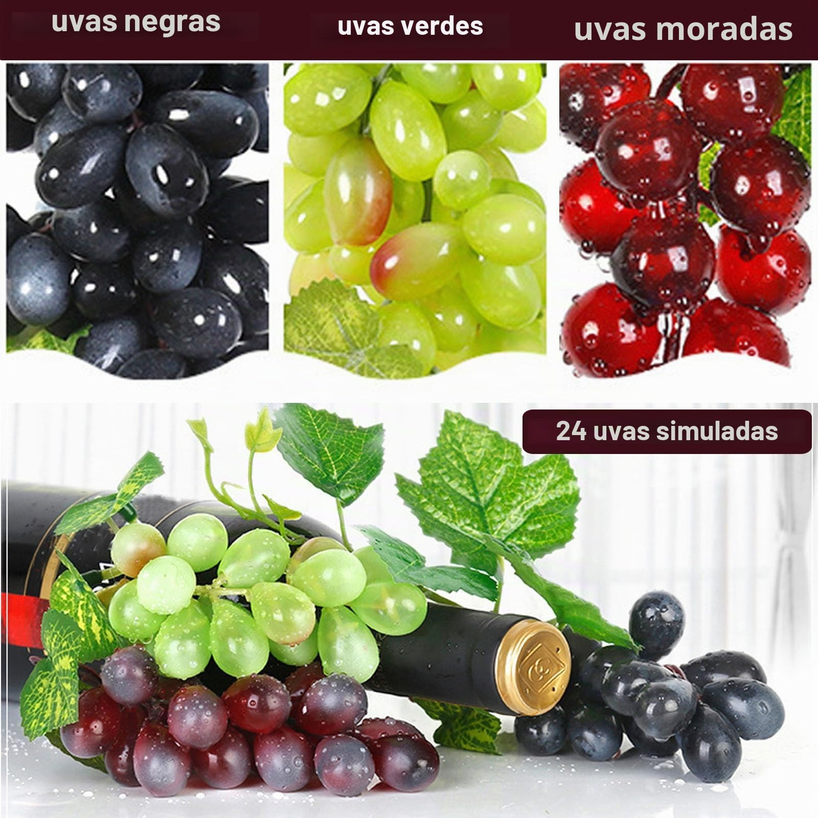 Juego de 7 uvas artificiales de plástico (3 uvas artificiales, para decoración de vino, soporte de frutas artificiales, 7 unidades)