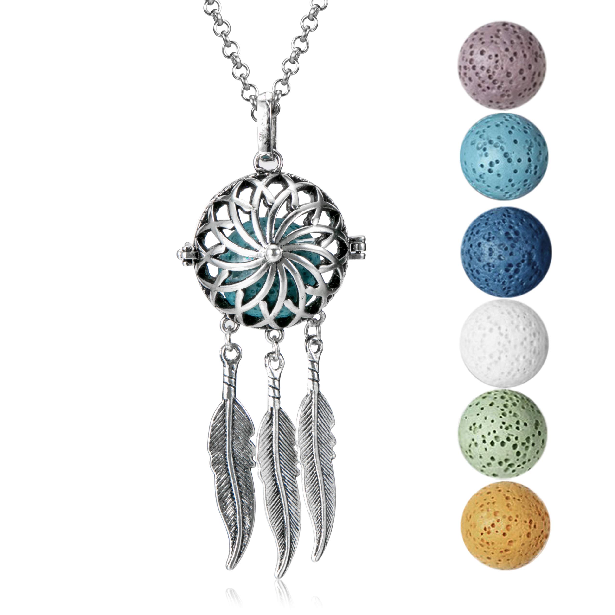 Wild Essentials Dream Catcher Essential Oil Diffuser Nickel Free Alloy Locket Pendant with 24 inch Chain, 6 Color Lava Stones, Customizable Color Changing Perfume Jewelry for Aromatherapy