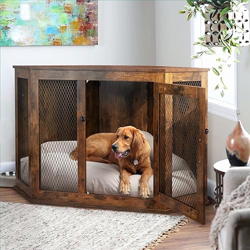 Miniatura 6 de LEMBERI Muebles esquineros para perros, mesa auxiliar de madera de 44 pulgadas con malla, jaula decorativa para mascotas, casa para perros grandes,
