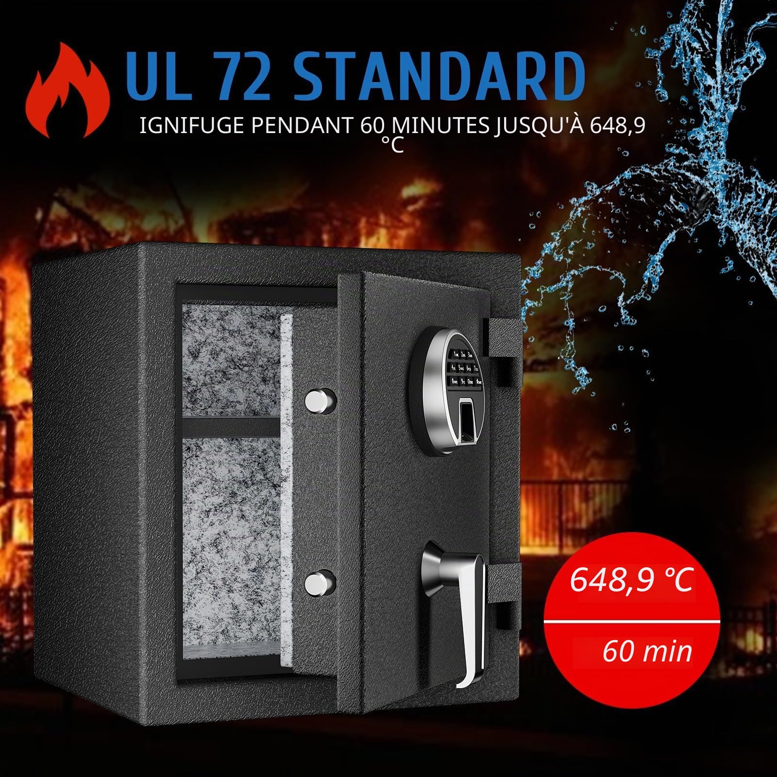 45L Biométrique Coffre Fort Ignifuge,Safe à Empreintes Digitales-40*36*31cm | avec Clavier Numérique et Chargement de Type-C, Coffre Fort Etanche pour l'Argent, la Maison, l'Hôtel, le Bureau