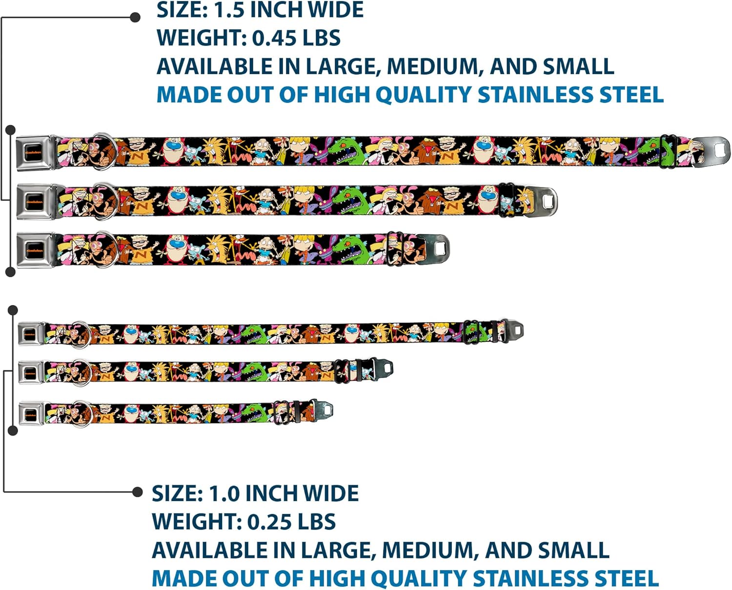 Nickelodeon Pet Collar, Dog Collar Metal Seatbelt Buckle, Nick 90s Character Poses Black, 11 to 16.5 Inches 1.0 Inch Wide