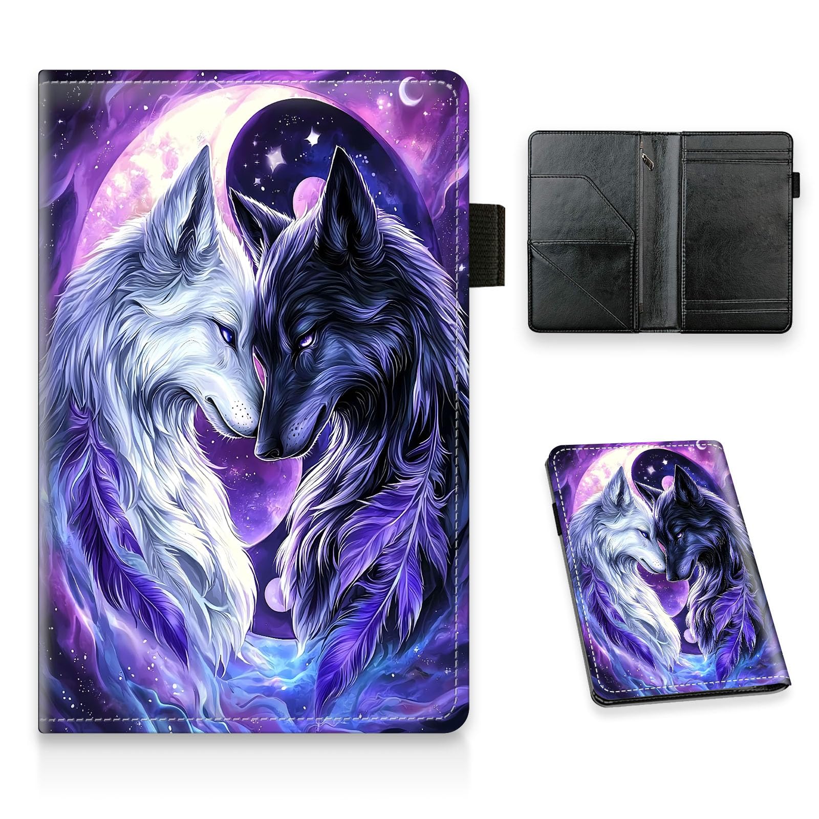 FXIANGWL Server Book, PU Leather Waiter Book Server with Zipper Pocket Guest Check Notepad Organizer for Restaurant Servers and Hospitality Staff, Fits Server Apron, Two White and Blue Wolves