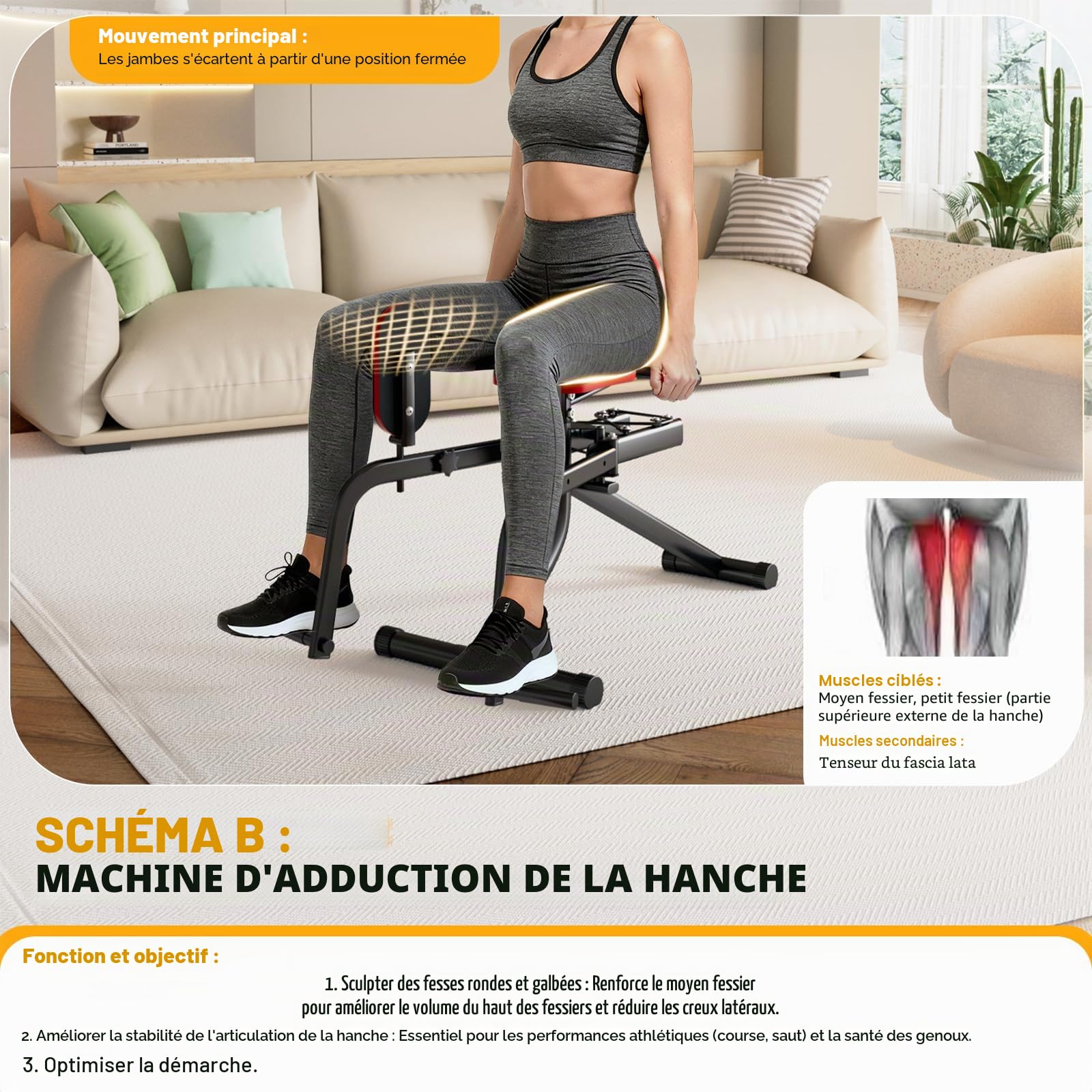 Machine à Abduction pour la Maison, Appareil de Musculation Fessier avec Bandes de Résistance, Compacte pour Sculpturer Les Cuisses et Les Fesses, Résistance Ajustable, pour Femme et Homme