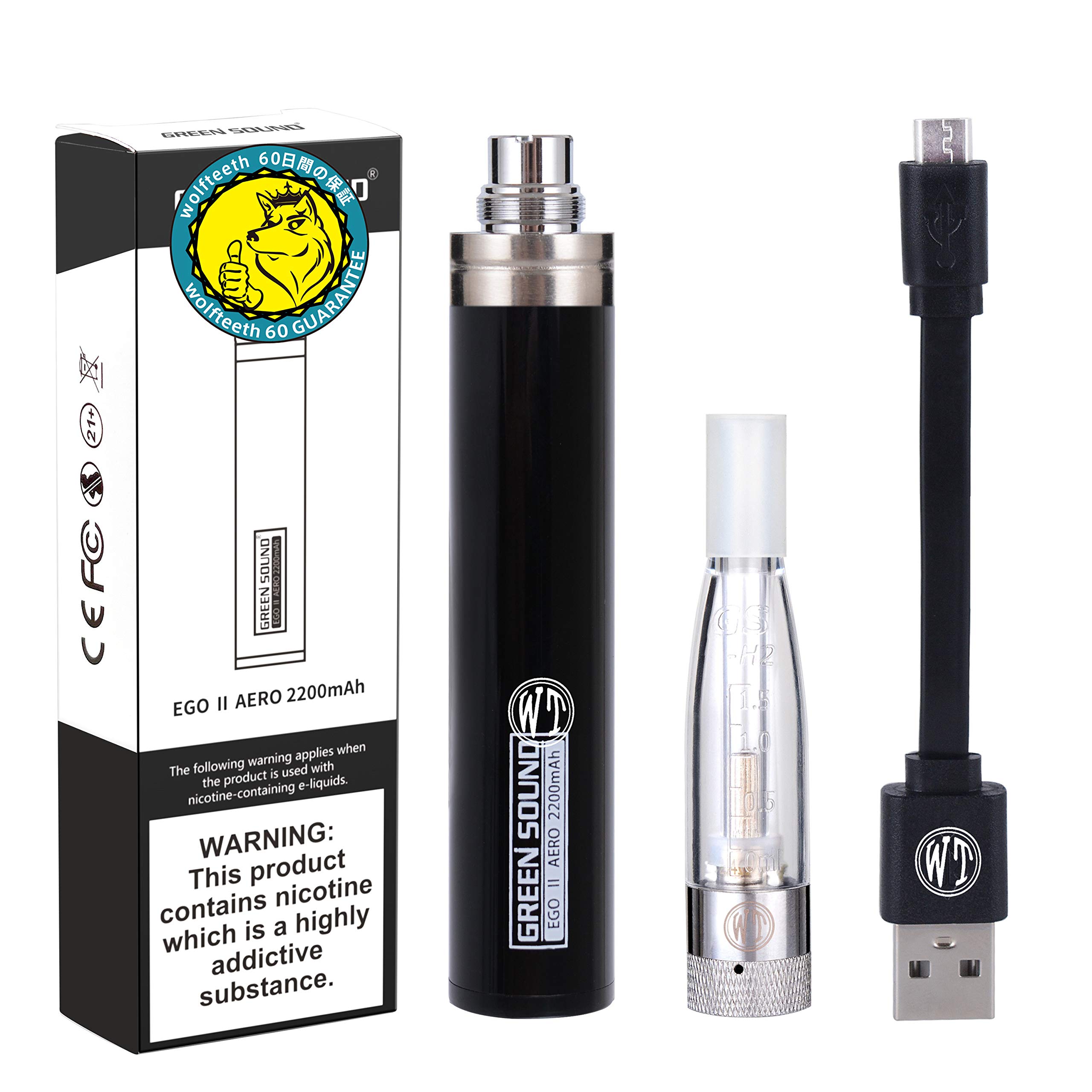 WOLFTEETH EGO II AERO 2200mAh Safe Pressure Switch Rechargeable Battery Kit, GS H2 Clearomizer Replaceable Core 1.5ML, Bottom Micro USB Charge, 510 Ego Thread E-Cigarette (Nicotine Free/Black 129511)