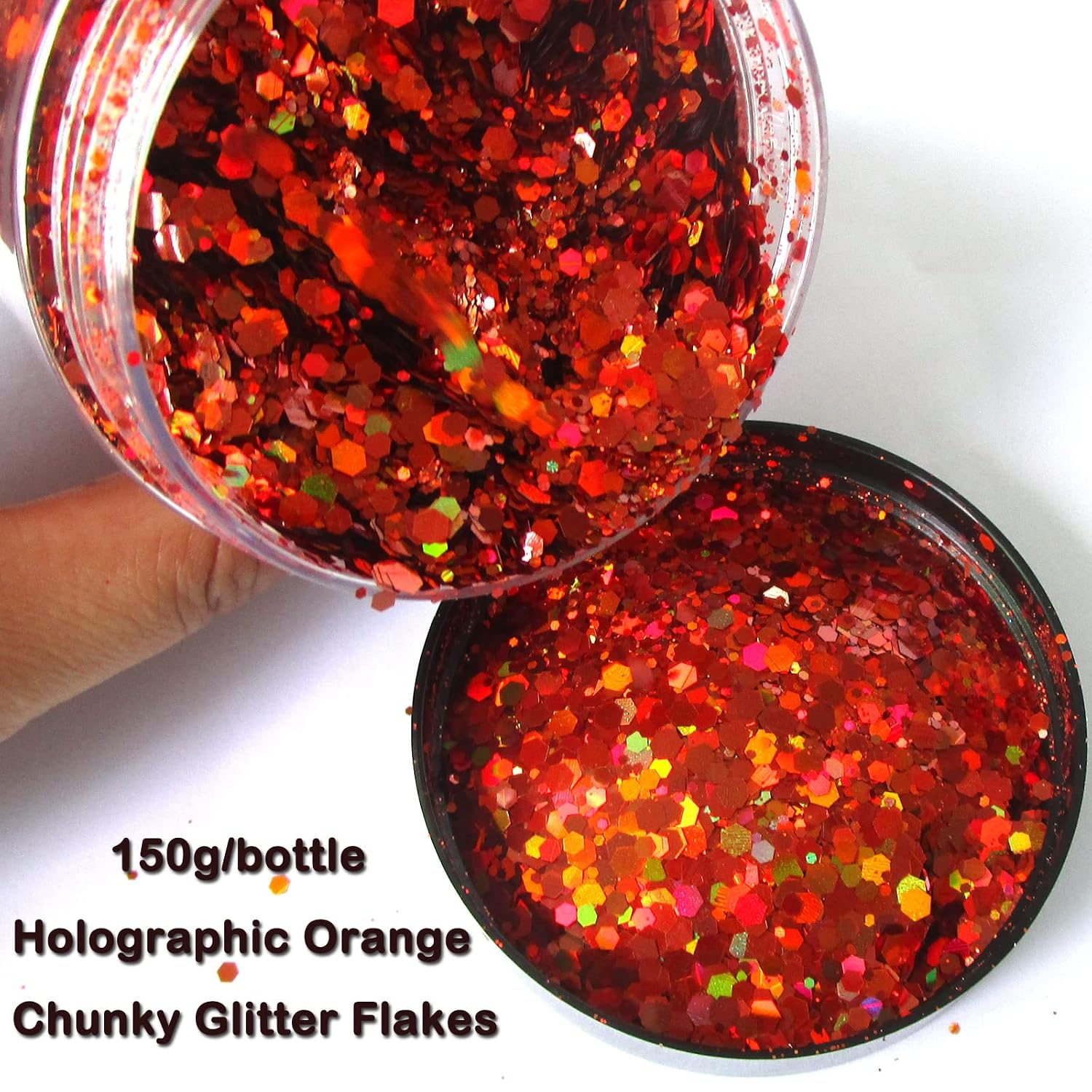 150g Holographic Orange Chunky Glitter Flakes Mixed Size Hexagon Shape Nail Glitters Confetti Craft Sequins Manicure Sticker Accessories for Resin/Crafts/Nails/Body/Makeup