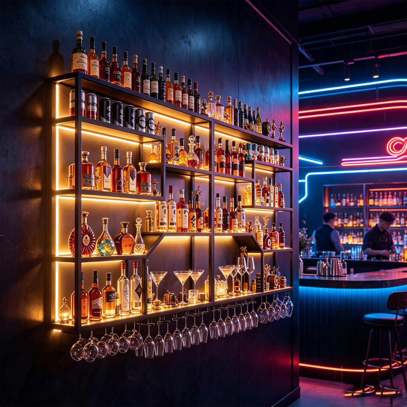 Botellero Modular de Pared con luz LED (Negro, 200CM) | Botellero de pared LED modular, 4 niveles, hierro y nogal; hasta 200 botellas; largo 200-300 cm; portacopas incluido