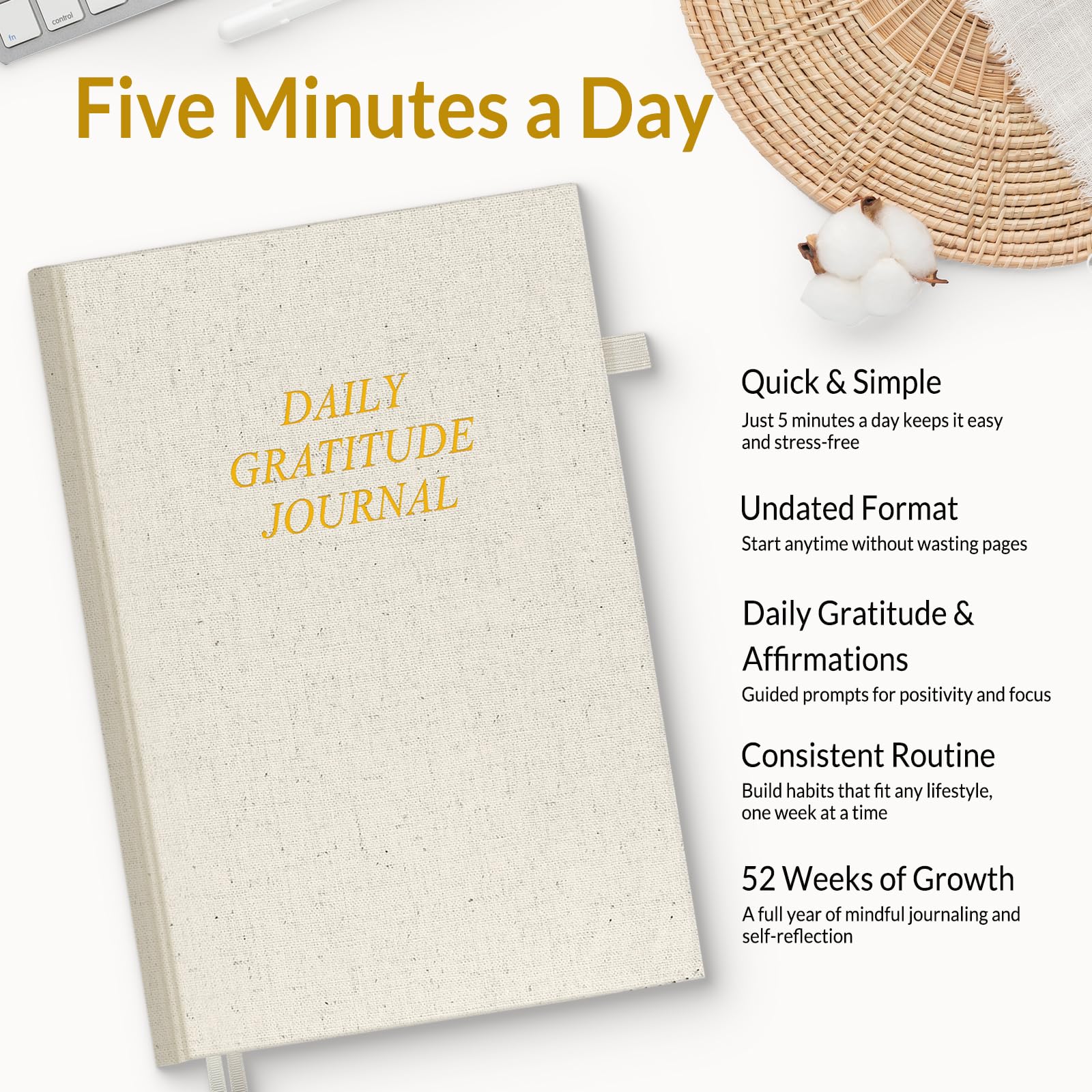 SUNEE Diario giornaliero della gratitudine, semplice diario di 5 minuti per la riflessione quotidiana, costruire positività e consapevolezza, planner minimalista senza data per donne e uomini (beige)