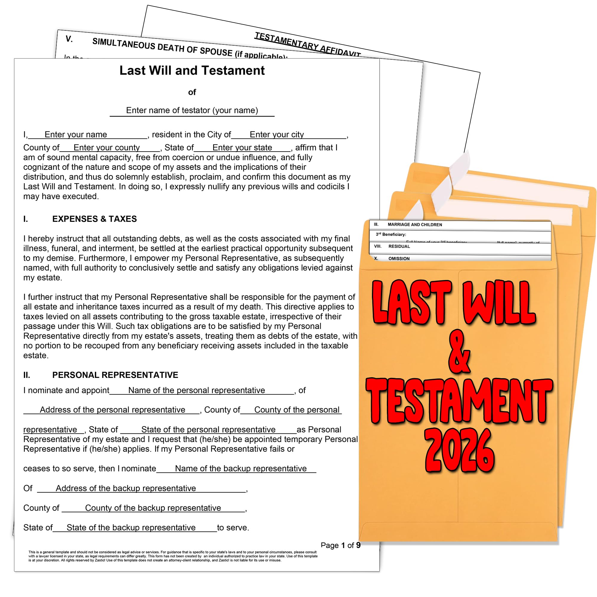 Zastic! 2025 3 Pack Last Will and Testament Kit: Blank Legal Last Will Testament Forms, Do It Yourself Legal Will Maker Templates - End of Life Planning Kit - 3 Blank Forms, Guide, & Envelopes