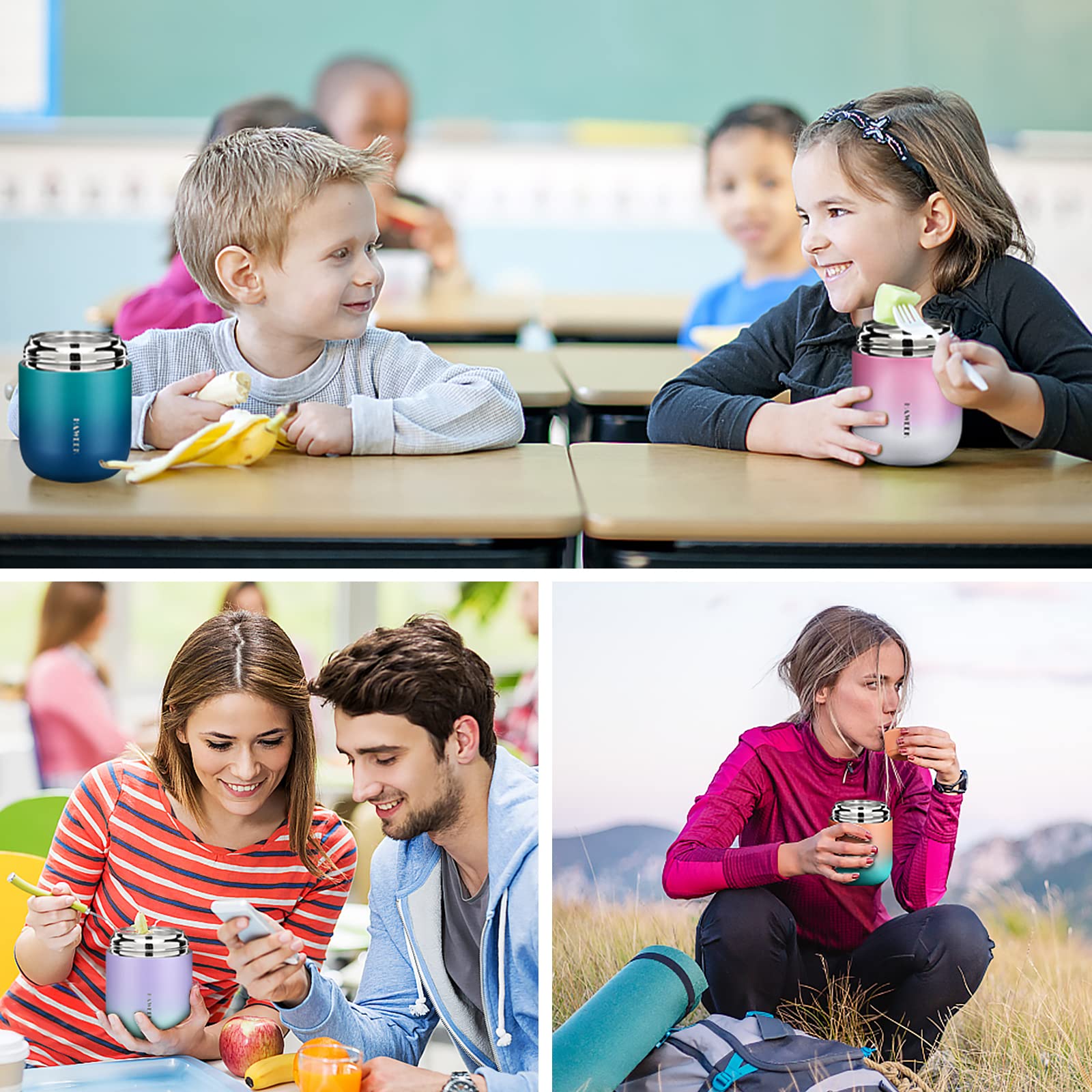 Contenedor de alimentos aislado de 17 onzas, termo de sopa para adultos de comida caliente, lonchera al vacío de acero inoxidable con cuchara plegable, térmica portátil para adultos y niños,
