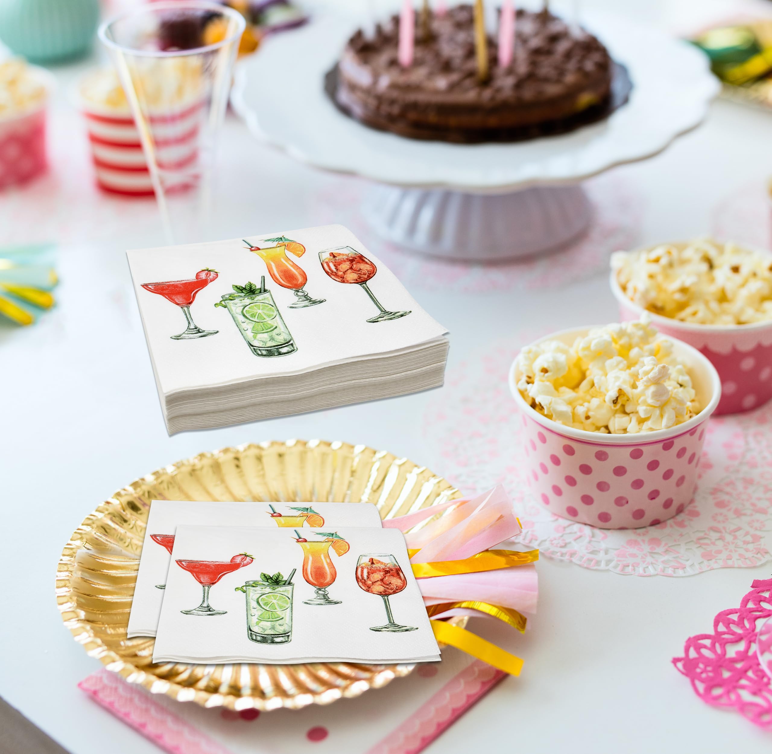 100 servilletas desechables de papel para bebidas de cóctel de verano, martini, margarita, bar, postre, servilleta para verano tropical, primavera, playa, piscina, fiesta de cumpleaños, novia y baby