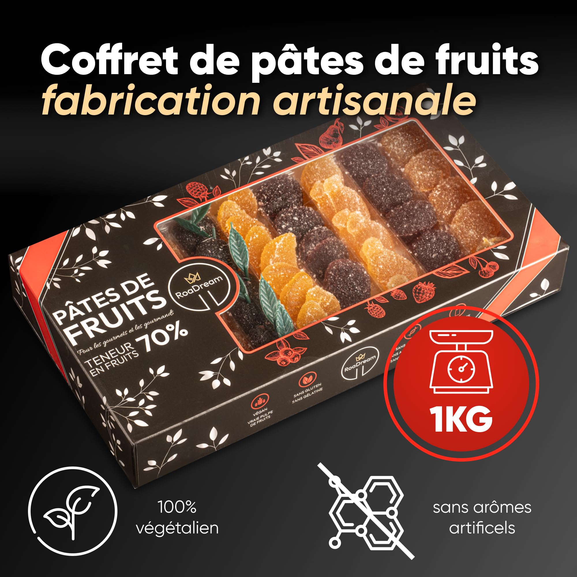 Pâtes de fruits Artisanales - boite cadeau 1 KG - Saveurs multi fruits - (sans gluten, sans colorant, sans arôme artificiel, sans lactose, sans conservateur) - teneur en fruits de 70%