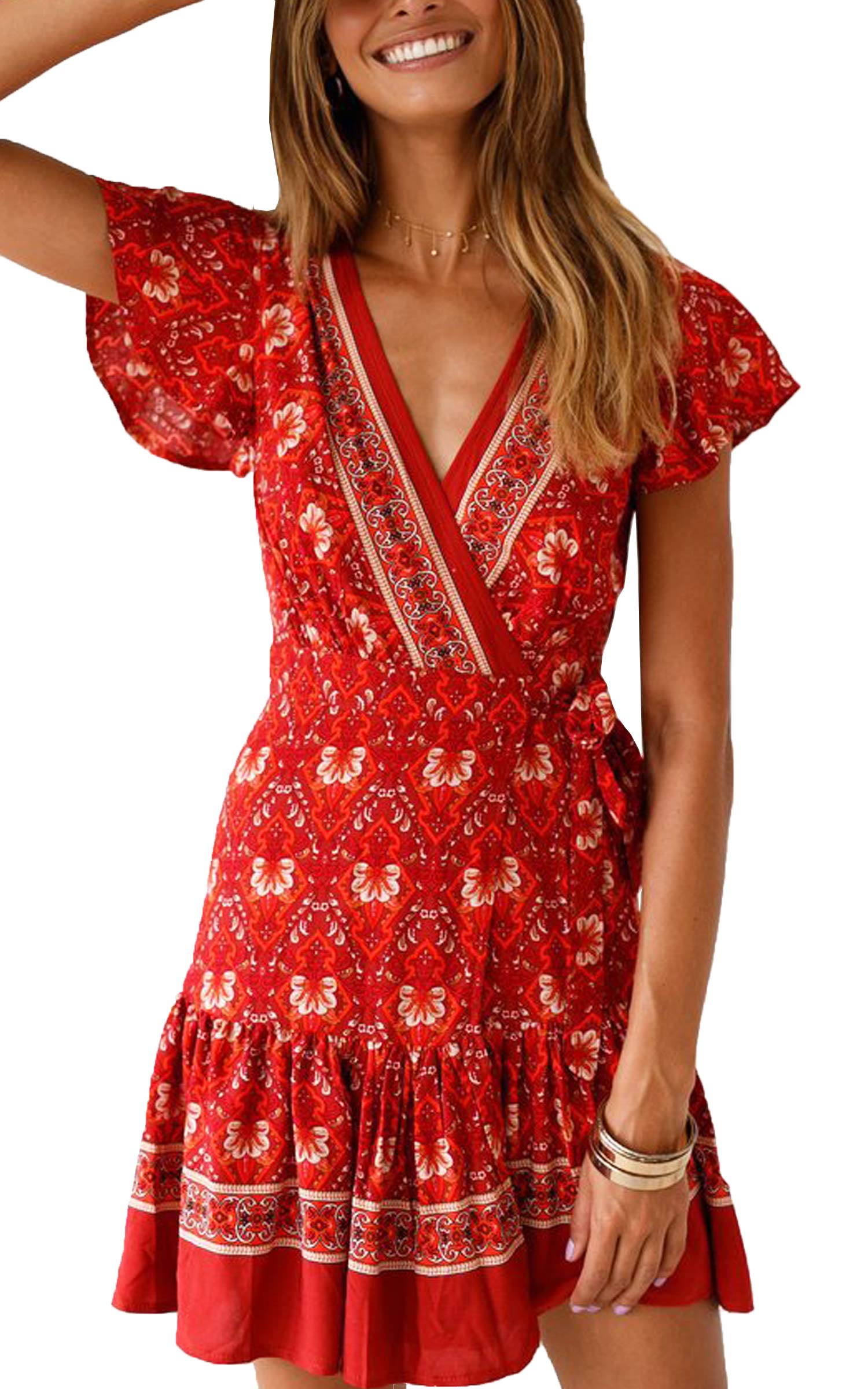 ECOWISH Damen Kleider Boho Vintage Sommerkleid V-Ausschnitt A-Linie
Minikleid Swing Strandkleid mit Gürtel