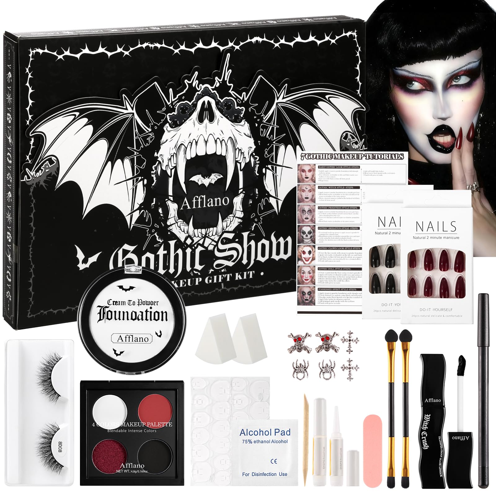 Goth Makeup Kit – Complete Gothic Make up Set for Vampire, Witch, Clown, Emo, Grunge, Theater, Halloween SFX with White Foundation, Red Eyeshadow Palette, Black Lipstick, Eyelashes, Eyeliner, Nails