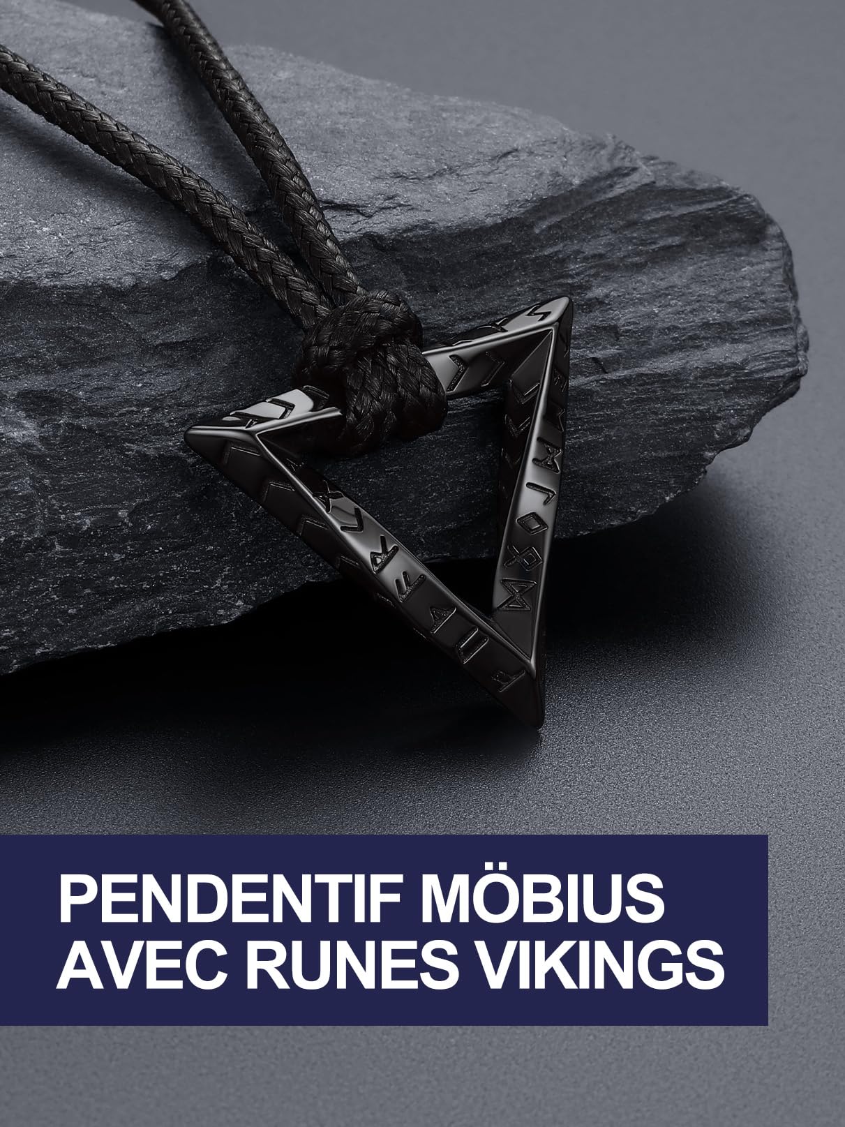 Bandmax Collier Rune Viking Homme/Noir, Pendentif Möbius de Triangle Inversé/Infini/Anneau avec Chaîne Cordon 2,5mm Réglable de 46cm à 76cm