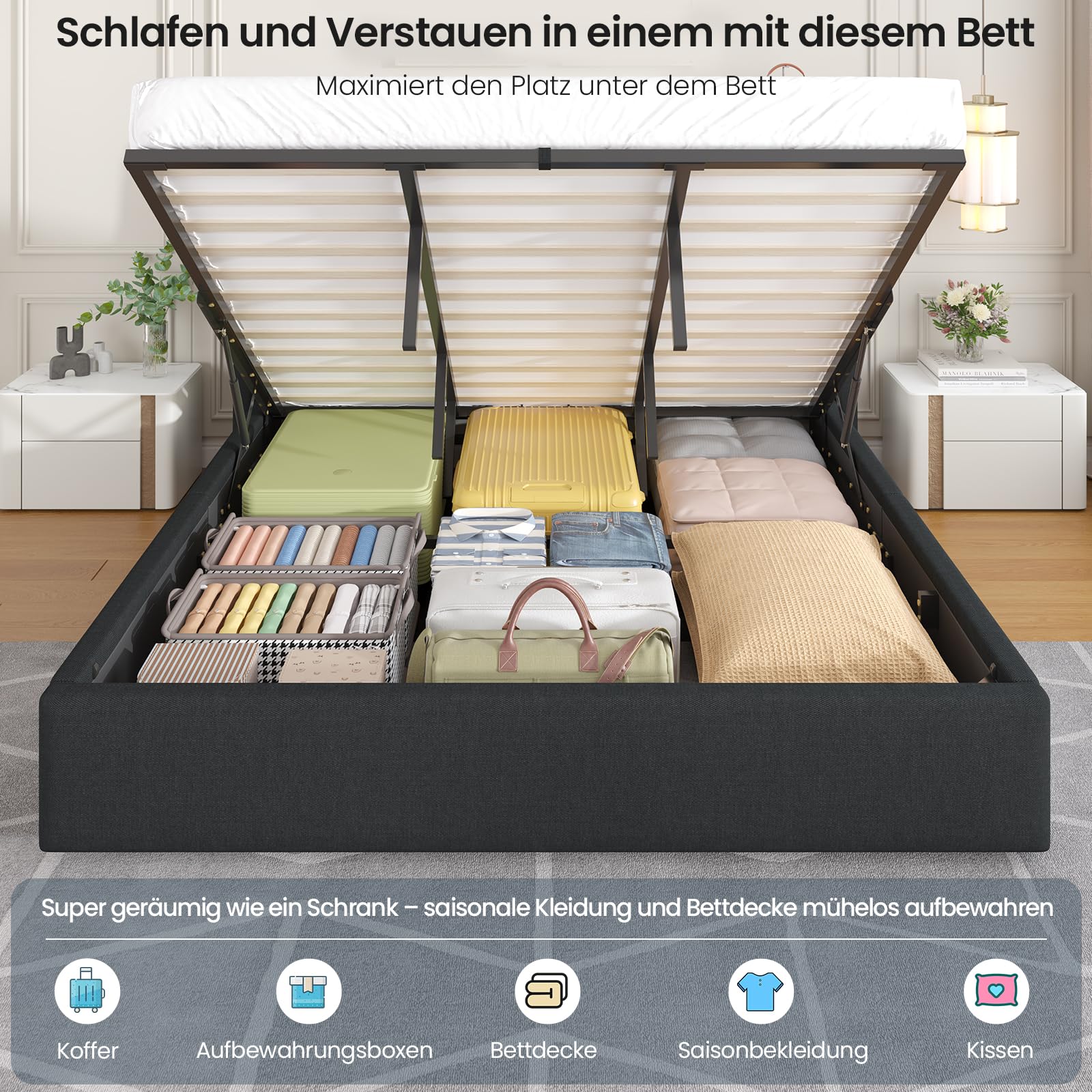 Brinlawb Polsterbett 180x200 mit Bettkasten, Hydraulisch Stauraumbett mit LED-Beleuchtung und Ladestation, Doppelbett 180x200 cm mit gepolstertem Stauraum-Kopfteil und viel Stauraum unterm Bett, Grau
