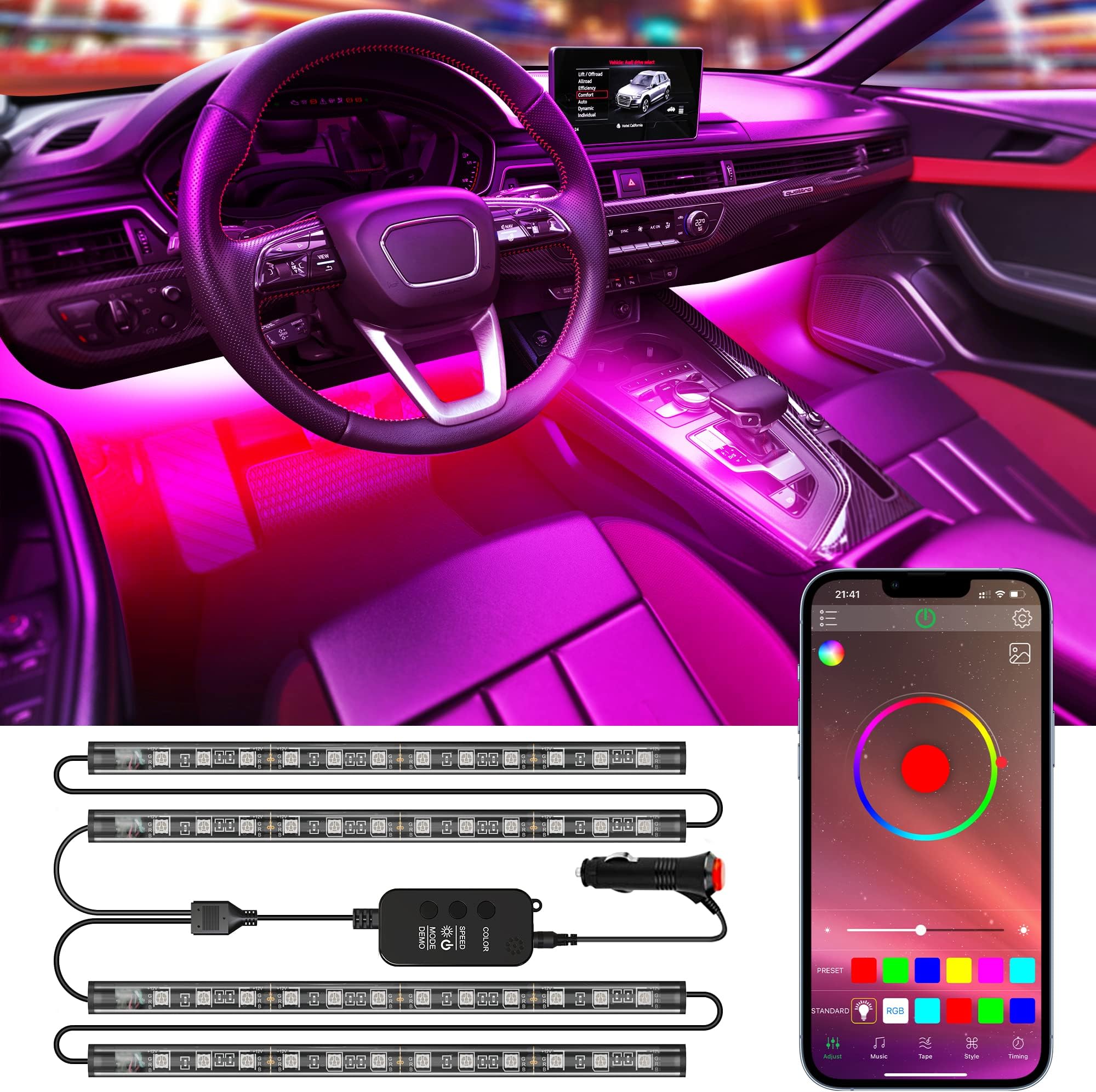 Interior Car Lights Car Accessories Led Lights for Car Smart APP Control Multi DIY Color Music Car Lighting with Car Charger and DC 12V