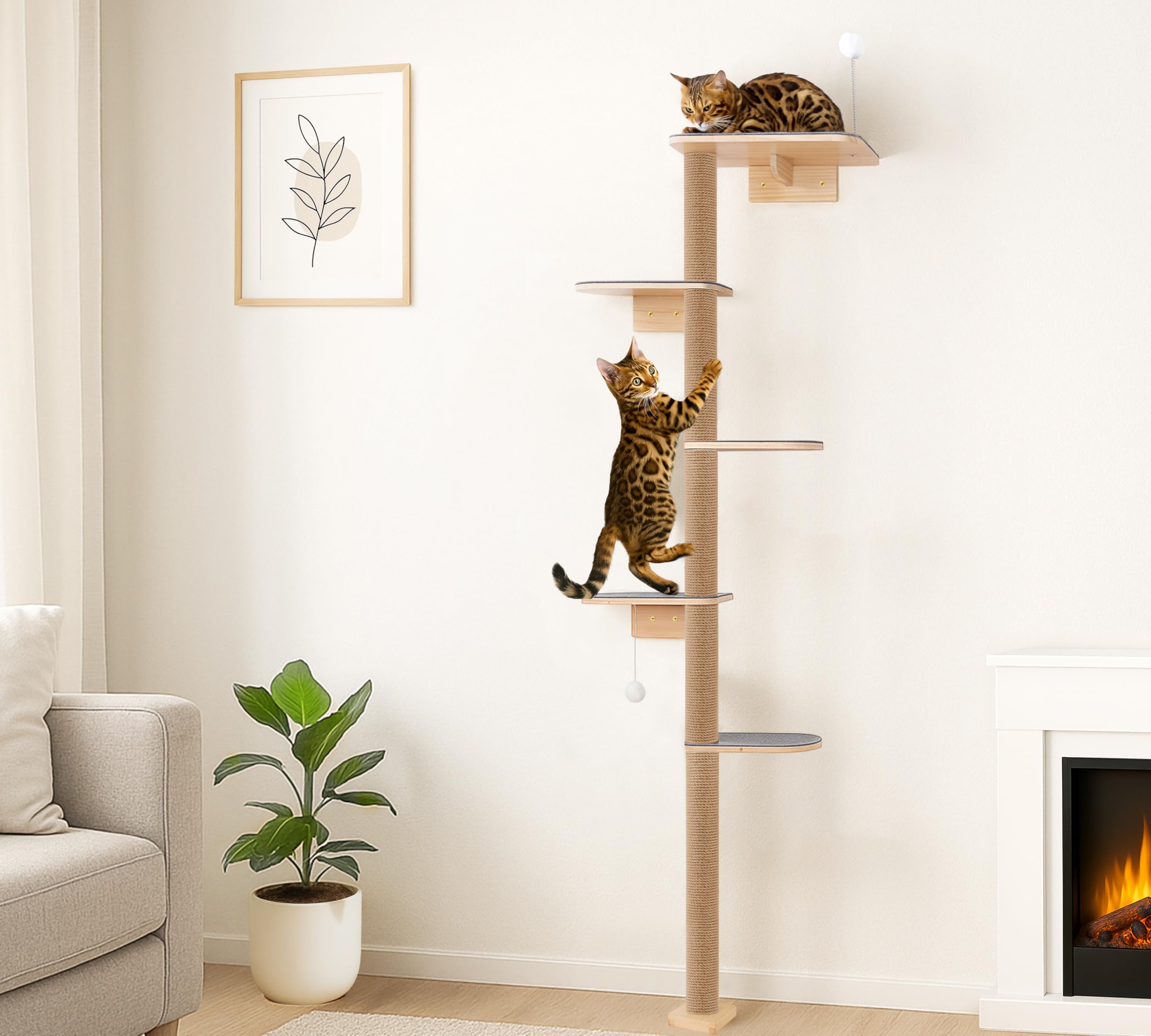 Wall-Mounted Tall Cat Tree, 210cm 5 Tier Kitten Scratching Post, Wild Simulation Kittens Wall Shelves with Non-Slip Felt Platform, Suitable for Climb, Scratch and Play (GREYFELT, 210CM WIDE)