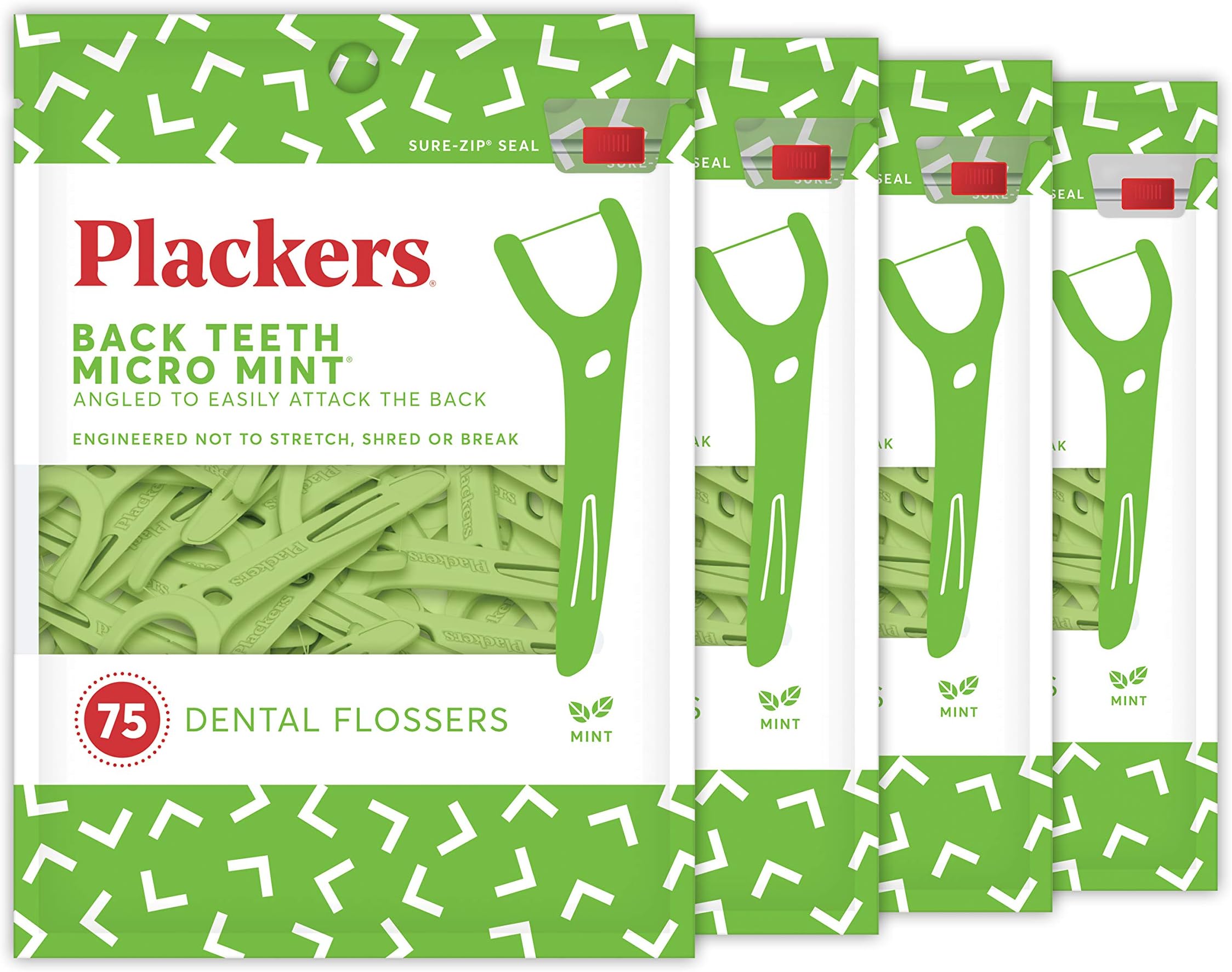 Plackers Back Teeth Micro Mint Dental Flossers, Delicious Mint Flavor, Provides Easy Access for Back Teeth, Built-in Protected Pick, Easy Storage, 75 Count, Pack of 4