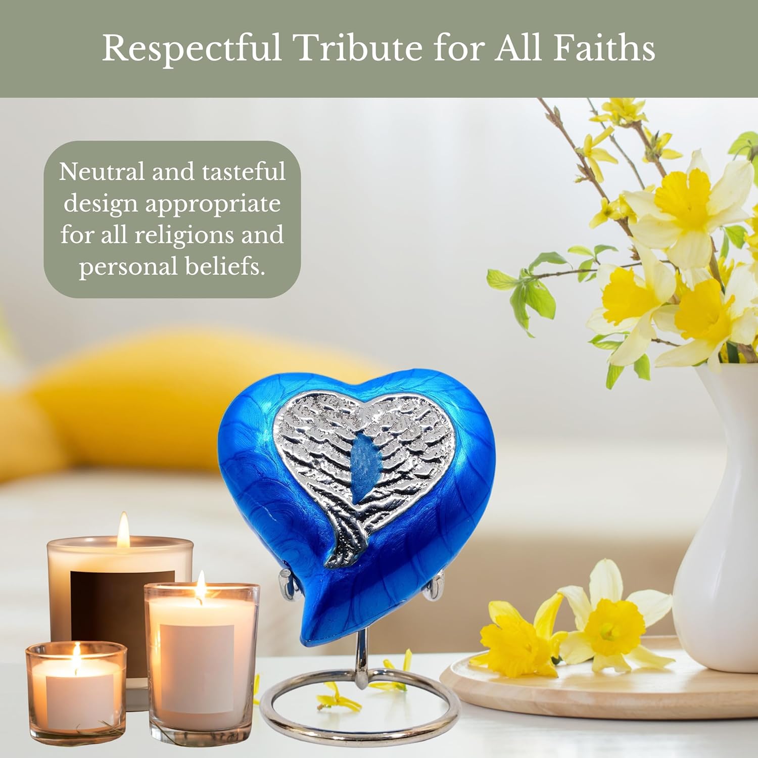 NORSE'S TRADECRAFT Heart Mini Urn for Ashes Adult Male, Female | Memorial Gifts with Velvet Box & Stand l Handcrafted Cremation Urns for Human Ashes and Pet |Blue Heart with Angel Wing Design, 3 cu in