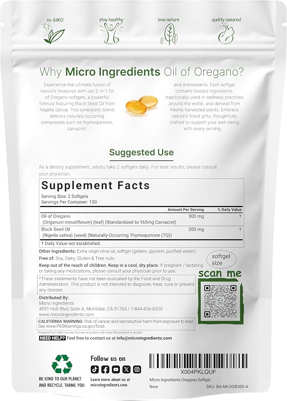 Micro Ingredients Oil of Oregano with Black Seed Oil, 300 Softgels image 7
