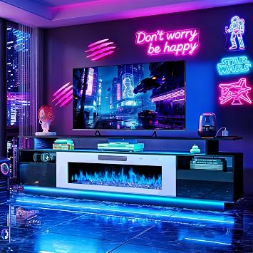 FJTJBSI 70" Fireplace TV Stand with 36" Electric Fireplace Entertainment Center with Charging Station and LED Light Console Table for Television up to 80 inch with Storage for Living Room