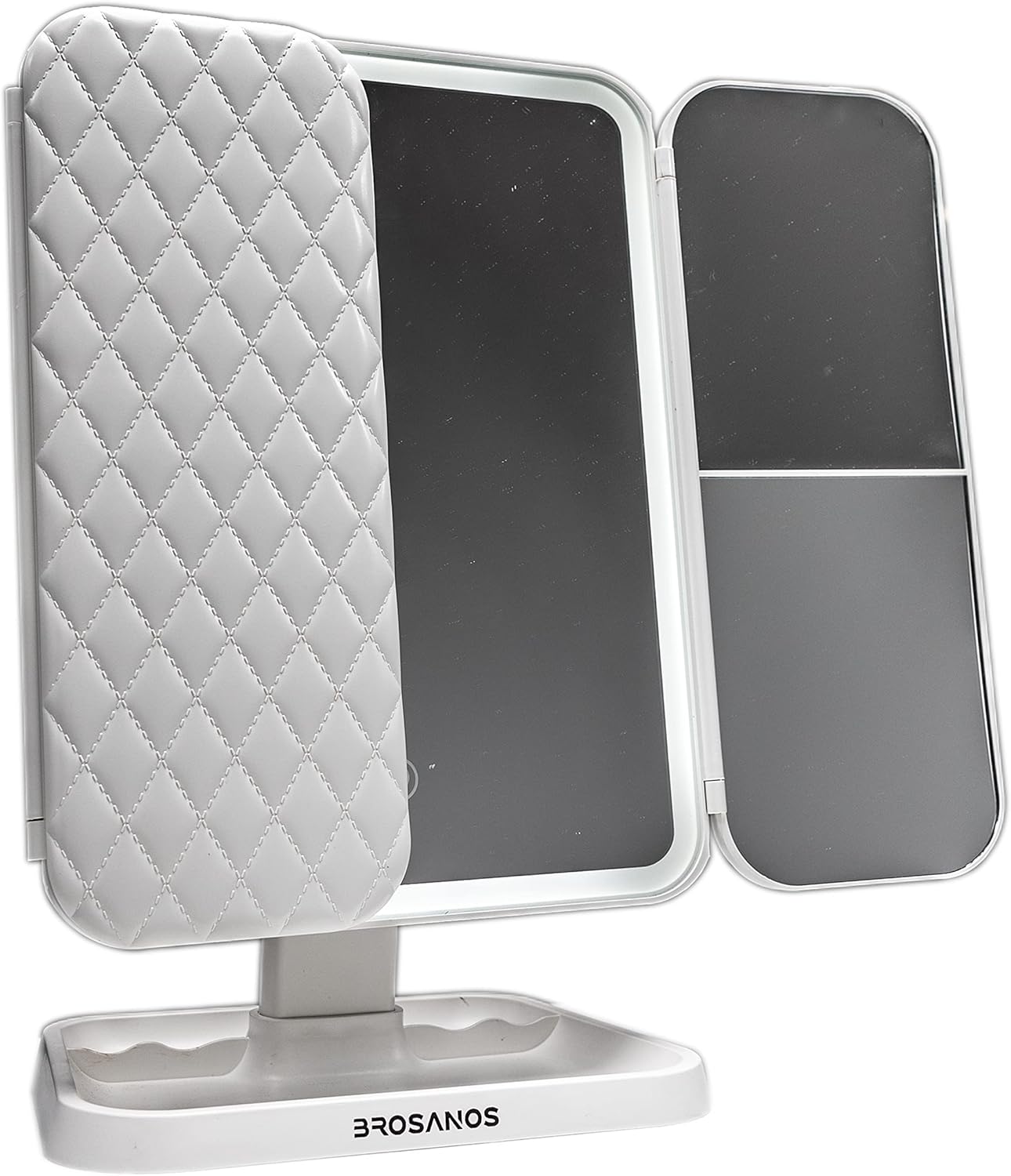 BROSANOS LED Trifold Vanity Makeup Mirror, 3 Color Changing Modes, USB Charging, Touch Control Design, 1X 2X 3X Magnification, Adjustable Rotating Mirror, White -