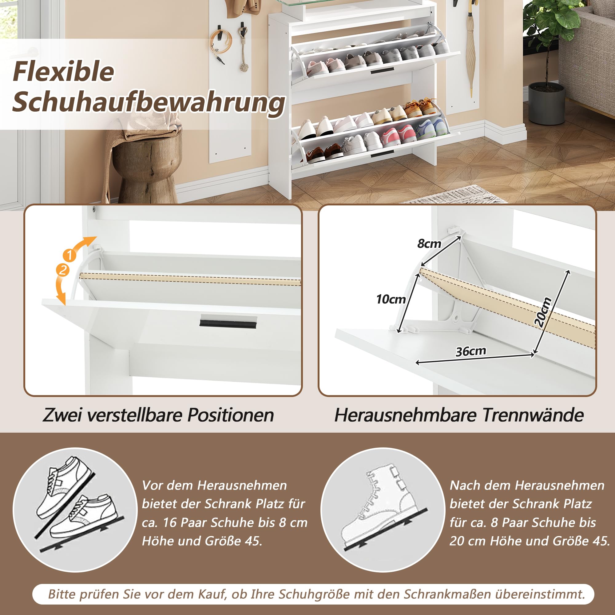 Merax Garderoben-Set 4-teilig, Flur Garderoben Komplettprogramme mit 1 Schuhschrank, 1 Wandspiegel, 2 Garderobenpaneele, Stylishe Wandgarderobe mit Haken, Flurmöbel aus Holz, Ideal für Eingang, Weiß