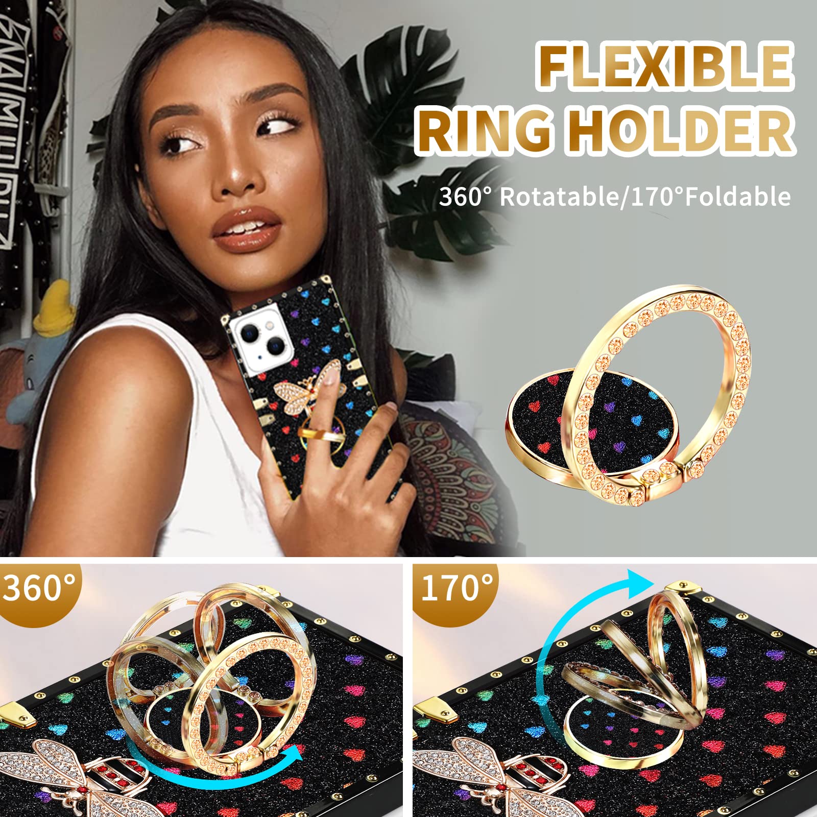 Loheckle Für Quadratische iPhone 13 Hülle, Designer Retro Luxus Hüllen für Frauen mit Ring Ständer Halter und Lanyard, Stilvolle Biene Cute Cover für iPhone 13 6,1 Zoll
