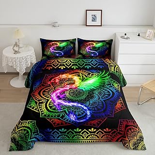 Watercolor Dragon Comforter Set Twin Size,Rainbow Mandala Print Duvet Quilted,Bohemian Exotic Style and Animal Theme Bedding Comforters 2Pcs for Kids Child Teens Woman Man Bedroom Decor,Black