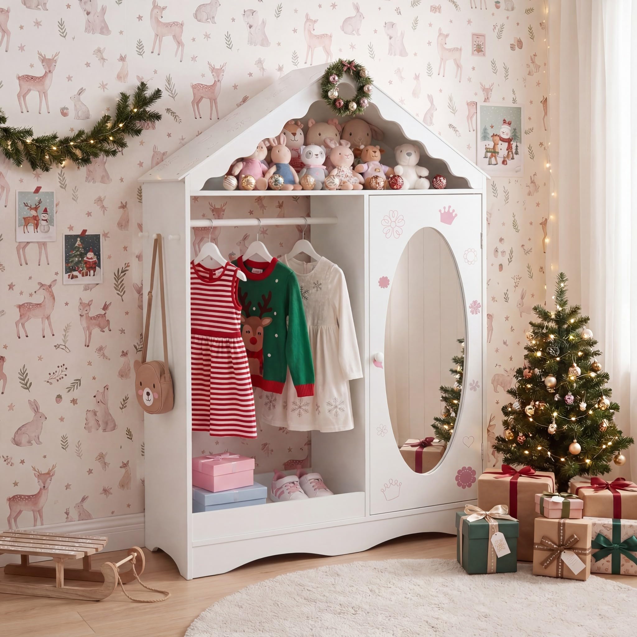 RELAX4LIFE Kinder Kleiderschrank, Kindergarderobe mit Spiegel, Kinderschrank in Hausform mit Kleiderstange, Ablagefächer & Haken, Kleiderständer für Kinderzimmer, für Mädchen ab 3 Jahren (Weiß)
