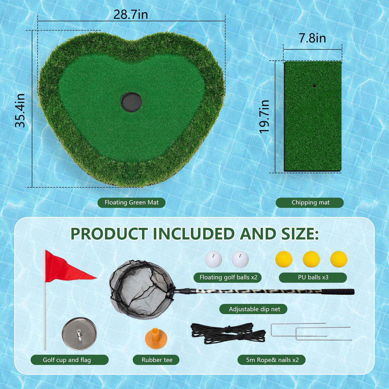 Wekin Tapis de golf flottant vert 88,9 x 71,1 cm pour piscine et lac, entraînement de golf intérieur et extérieur, jeu d'entraînement de golf dans le jardin et excellent cadeau pour homme