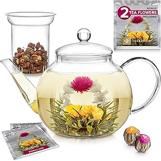 Teabloom Teapot Gift Set ââ‚¬â€œ Stovetop Safe Glass Teapot with 2 Blooming Teas & Removable Glass Infuser for Loose Leaf Tea ââ‚¬â€œ 40 oz /1200 ml