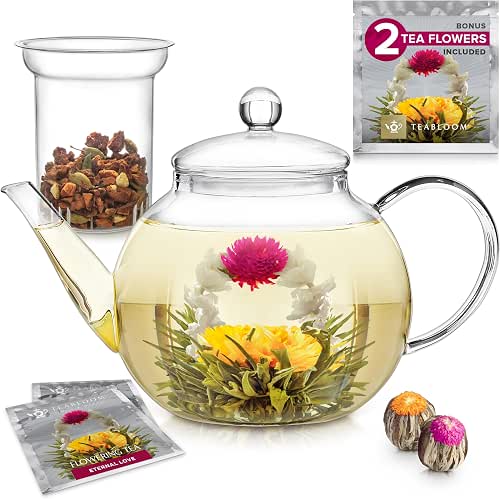 Teabloom Stovetop & Microwave Safe Glass Teapot with Removable Loose