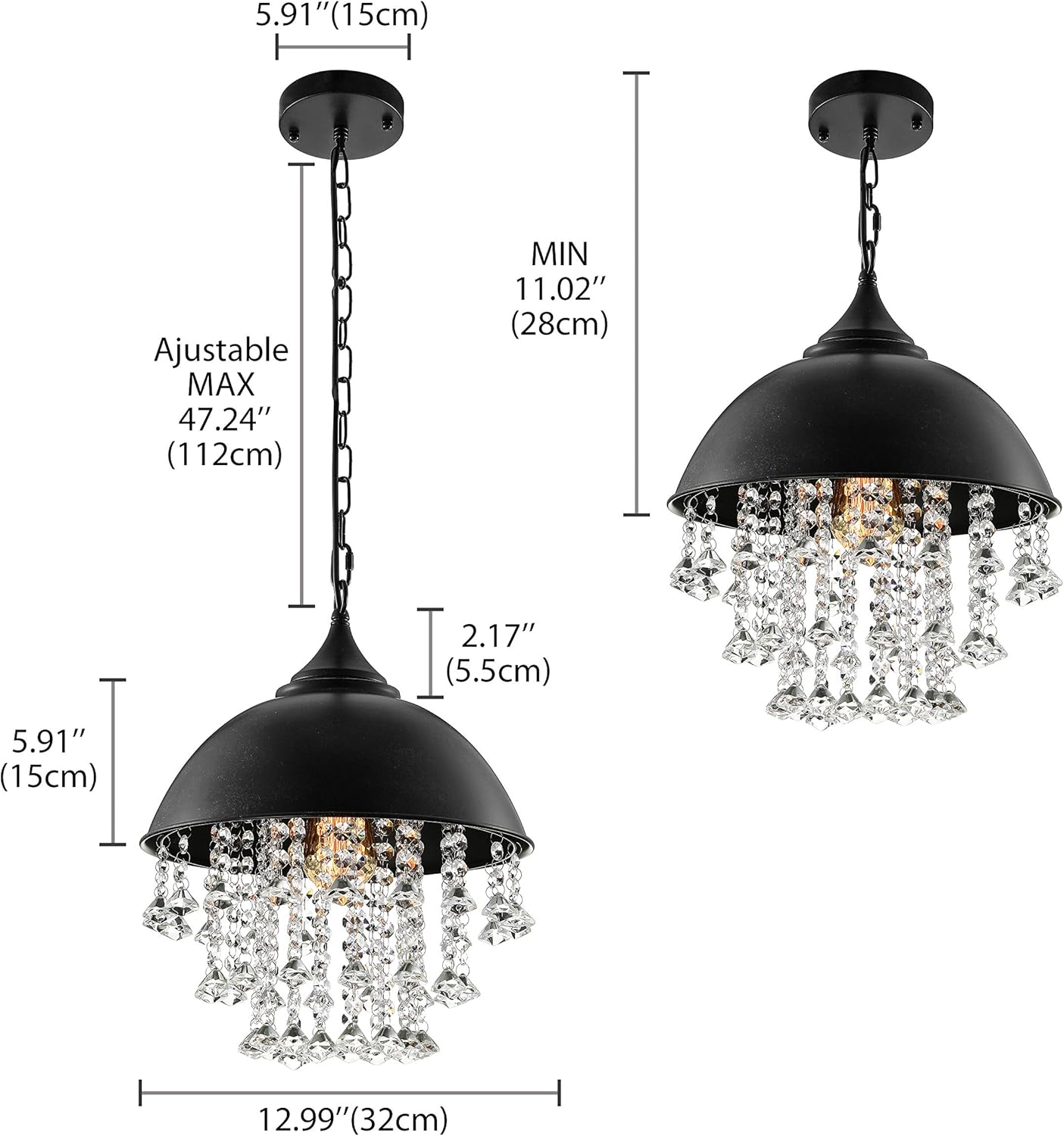 Best Cyber Monday 🔥 Crystal Pendant lights - BAYCHEER Vintage Iron Black Bowl Shaded with 3 Tiers Glittering Large Beads Hanging Lamp Chandelier Fixture with 1 E26 Bulb Base for Restaurant,Bar,Living Room,LOFT, UL Listed