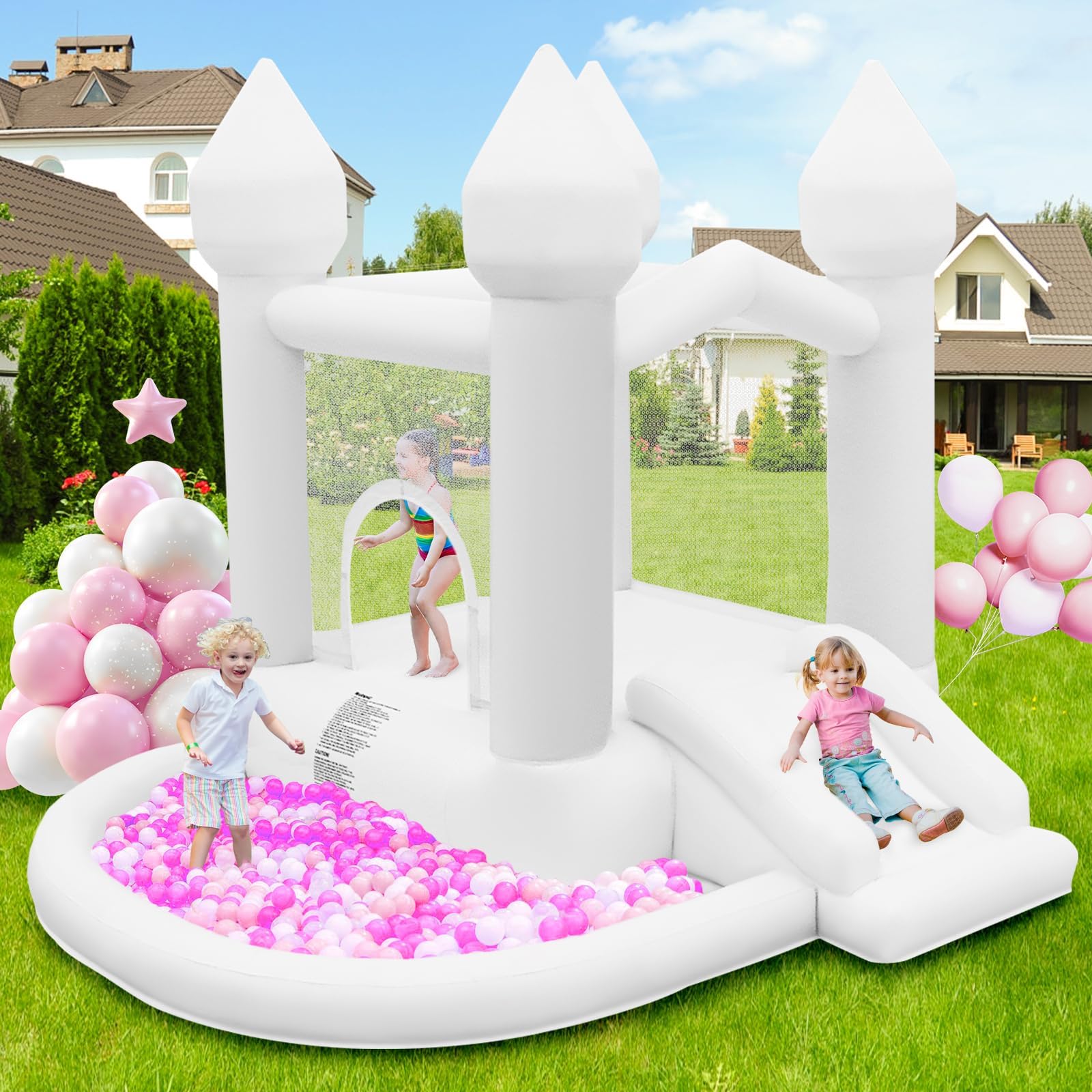 FBSPORT White Bouncy Castle with Slide Ball Pit and Trampoline Inflatable Bounce House with Air Blower for Kids Toddler Indoor Outdoor Garden Park Backyard Party Wedding Birthday Gifts