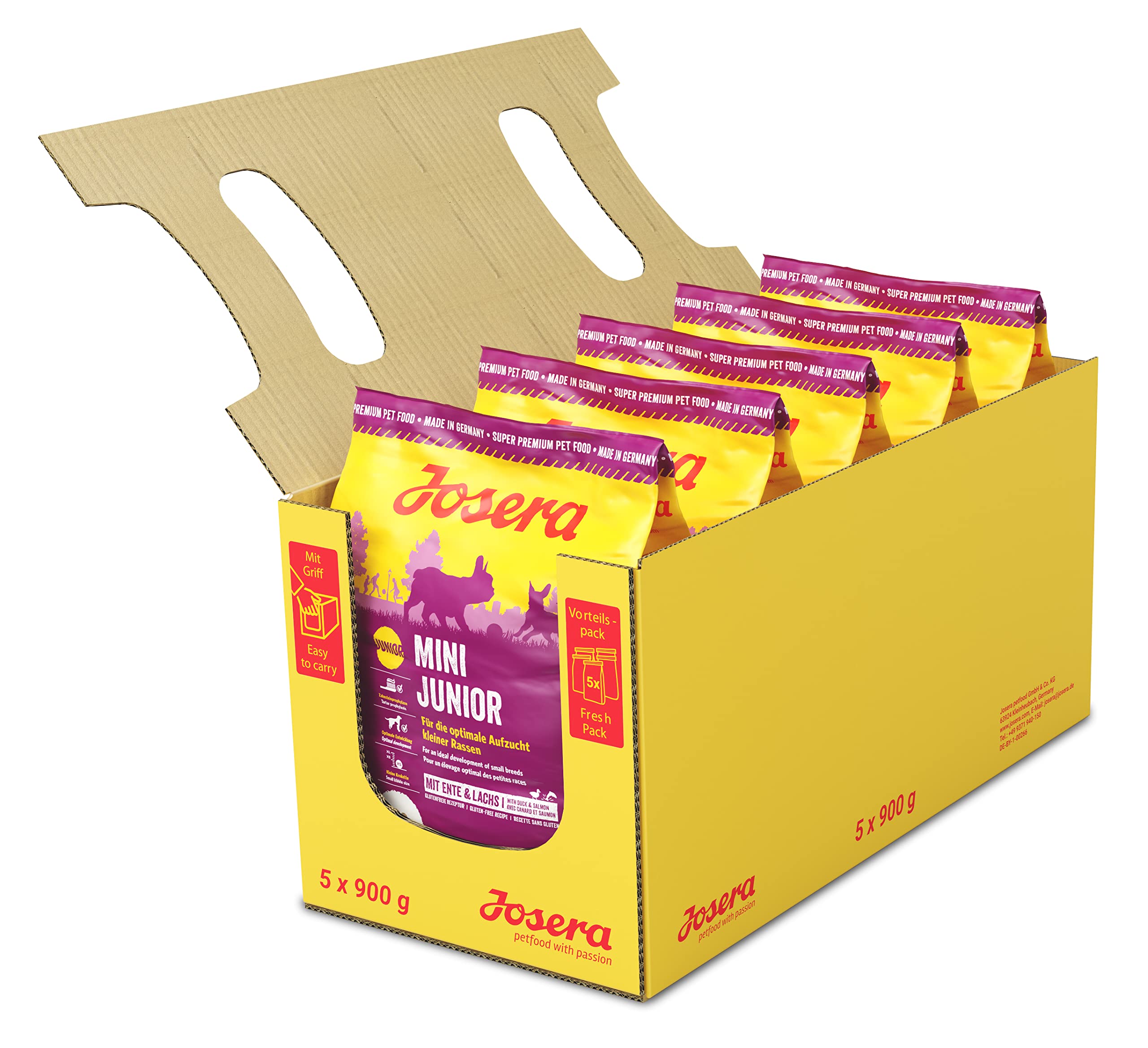 Josera - Pienso para Perros - Pack de 5 x 900 g - Mini Junior - Pato y Salmón - Comida para Cachorros de Tamaño Pequeño - Con Omega 3 - Favorece el Pelo y la Piel