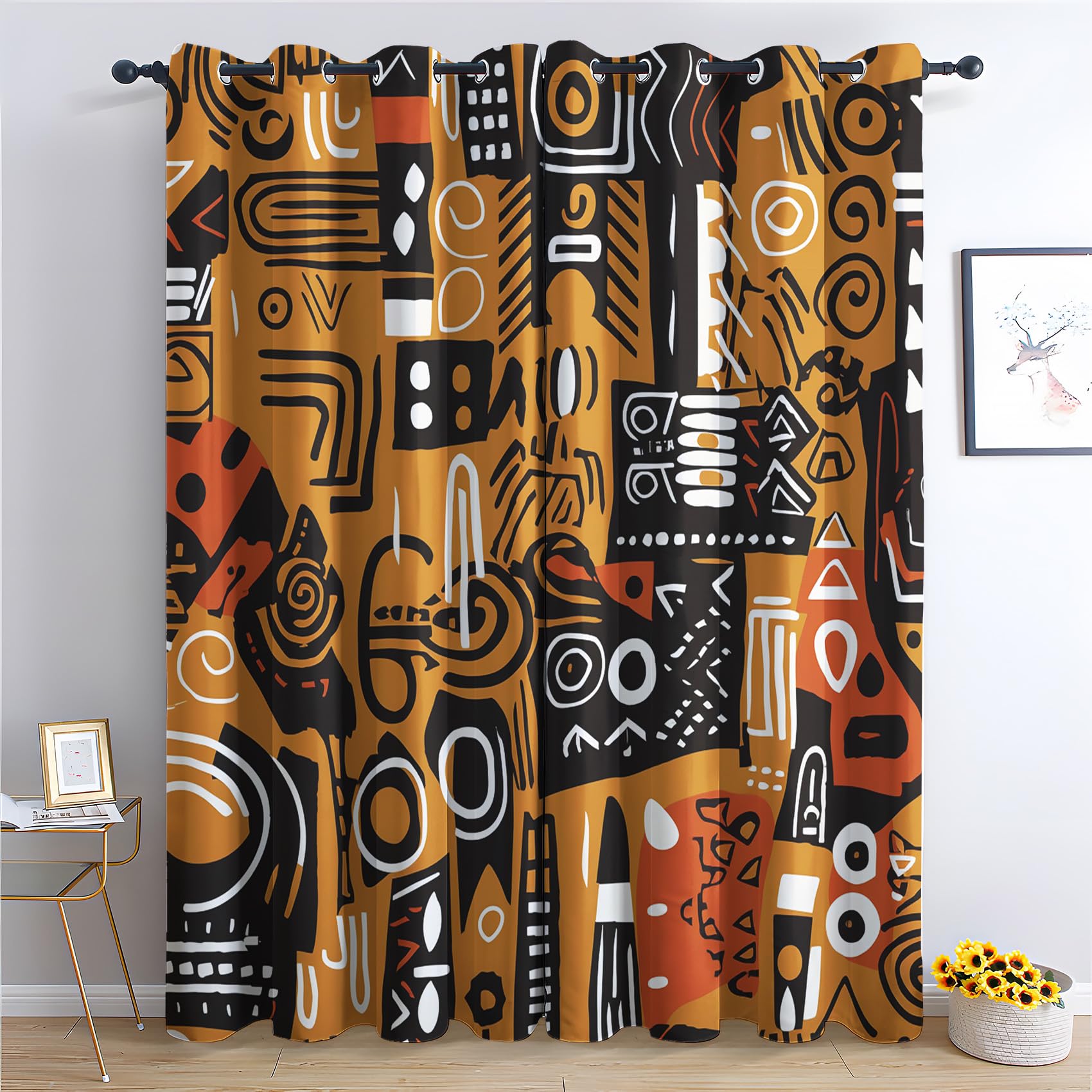 SZLYZM African Blackout Curtains, Ethnic Vintage Bedroom Curtains & Living Room Curtains 90x90 Inch 2 Panels Set, Thermal Eyelet Drapes Decorative Patterned Window Treatments 90 Drop (Q4-&8)