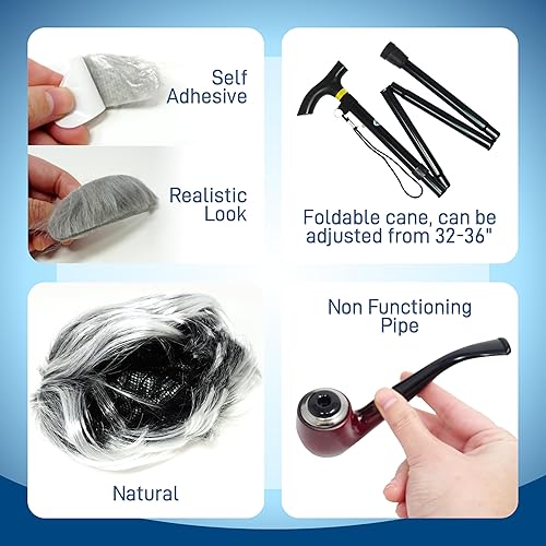 Miniatura 6 de 4E's Novelty Disfraz de anciano de 10 piezas para niños de 3 a 14 años, disfraz de 100 días de escuela para niños, accesorios de vestir, incluye