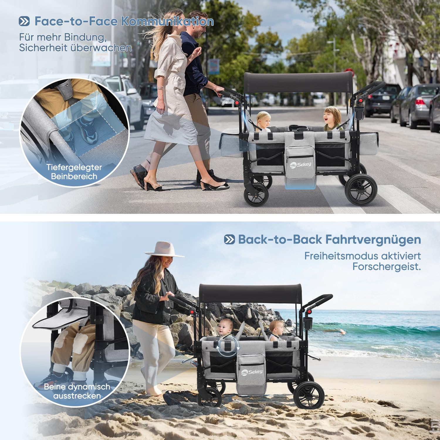 Sekey Bollerwagen Kinder Zwillingsmodus, Bollerwagen Faltbar mit Dach 2 Kinder, Duo Schiebegriff Kinderwagen Doppelsitz mit 2 integrierten 5-Punkt-Gurtsystem, Zwillingskinderwagen (Grau, Premium)