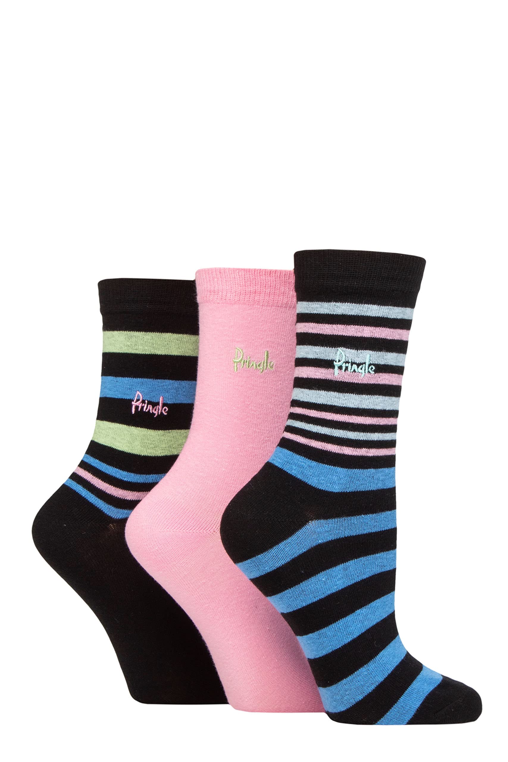 Pringle of Scotland Ladies Patterned Cotton and Recycled Polyester Socks Pack of 3 Stripes Black 4-8