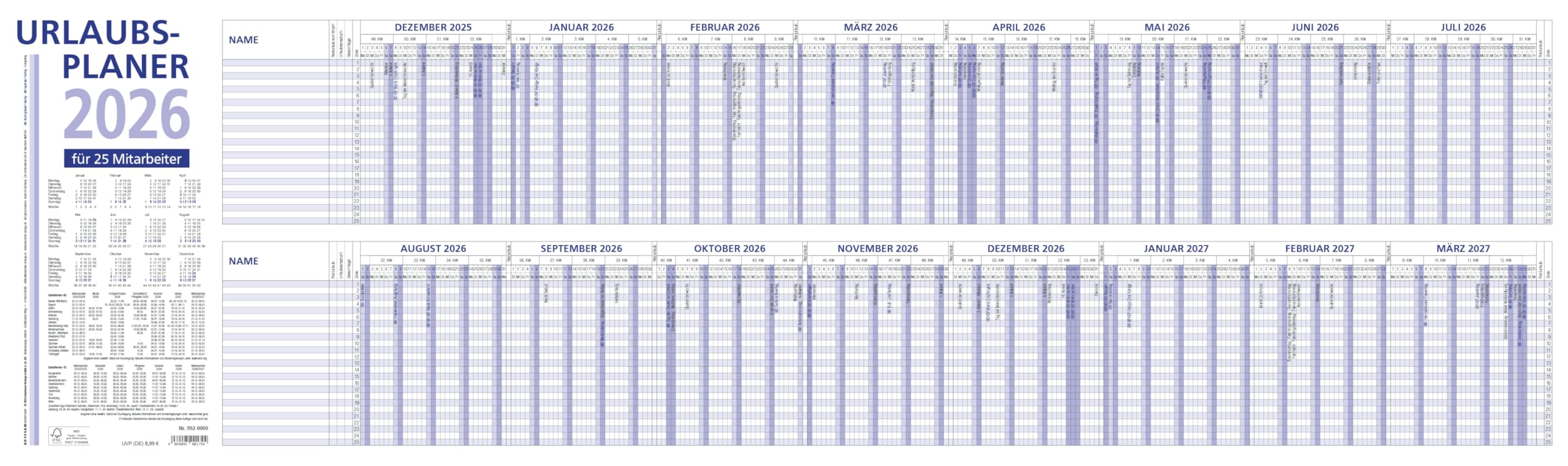Zettler Urlaubsplaner 16 Mon 2026 – Wandkalender 100 × 30 cm, 16 Monate auf 1 Seite (Dez. Vorjahr – März Folgejahr), für 25 Mitarbeiter, Wochenzählung, Ferientermine, Sonn- & Feiertage, gefalzt, FSC