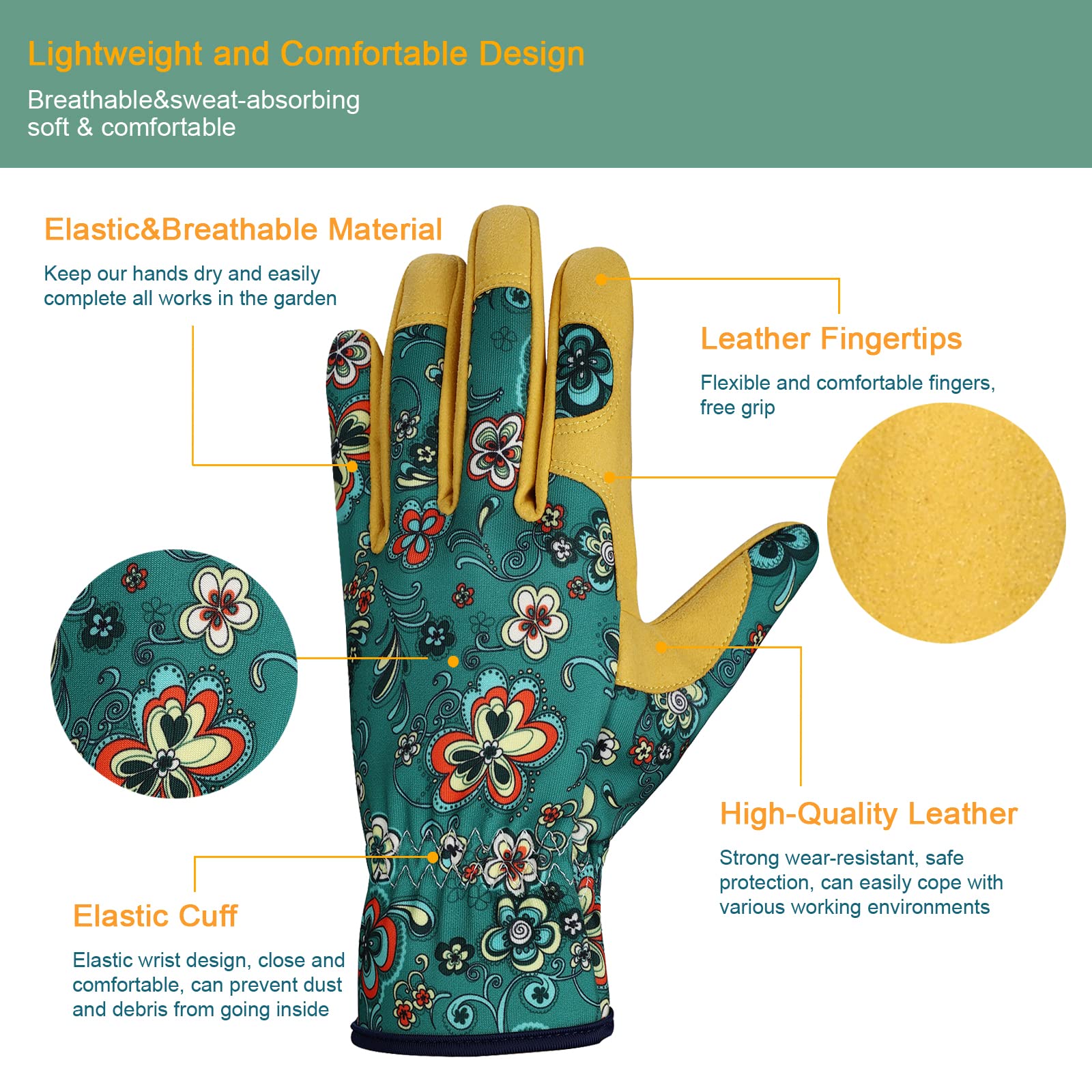 Bamllum Guantes de jardinería de cuero para mujer, guantes de trabajo para deshierbar, cavar, plantar, rastrillar y podar (verde + amarillo)