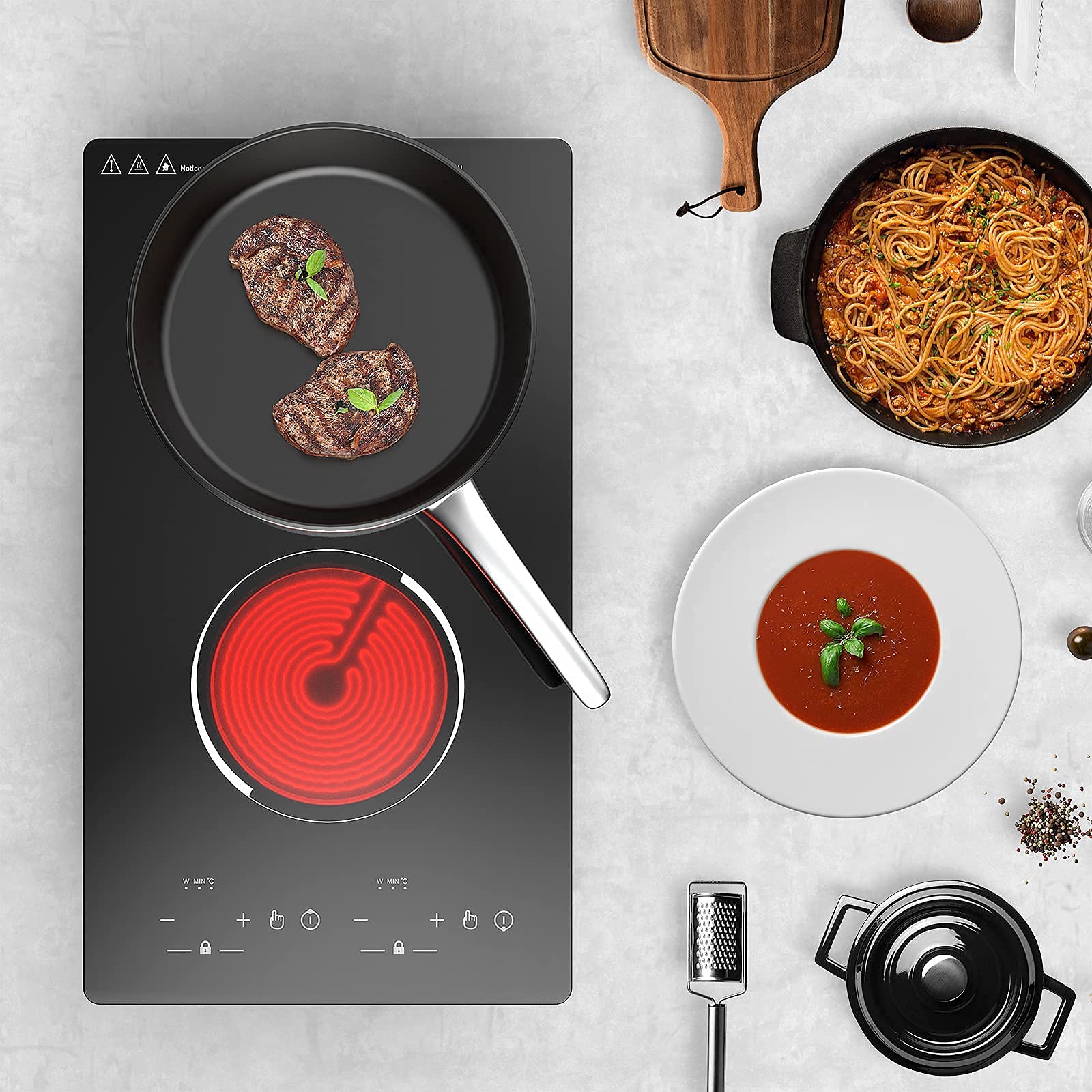 VBGK Electric Ceramic Cooktop, 12 Inch Built-in Radiant Electric Stove Top, 110V Ceramic Electric Stove with 2 Burners, 9 Heating Level, Timer & Kid Safety Lock, Sensor Touch Control