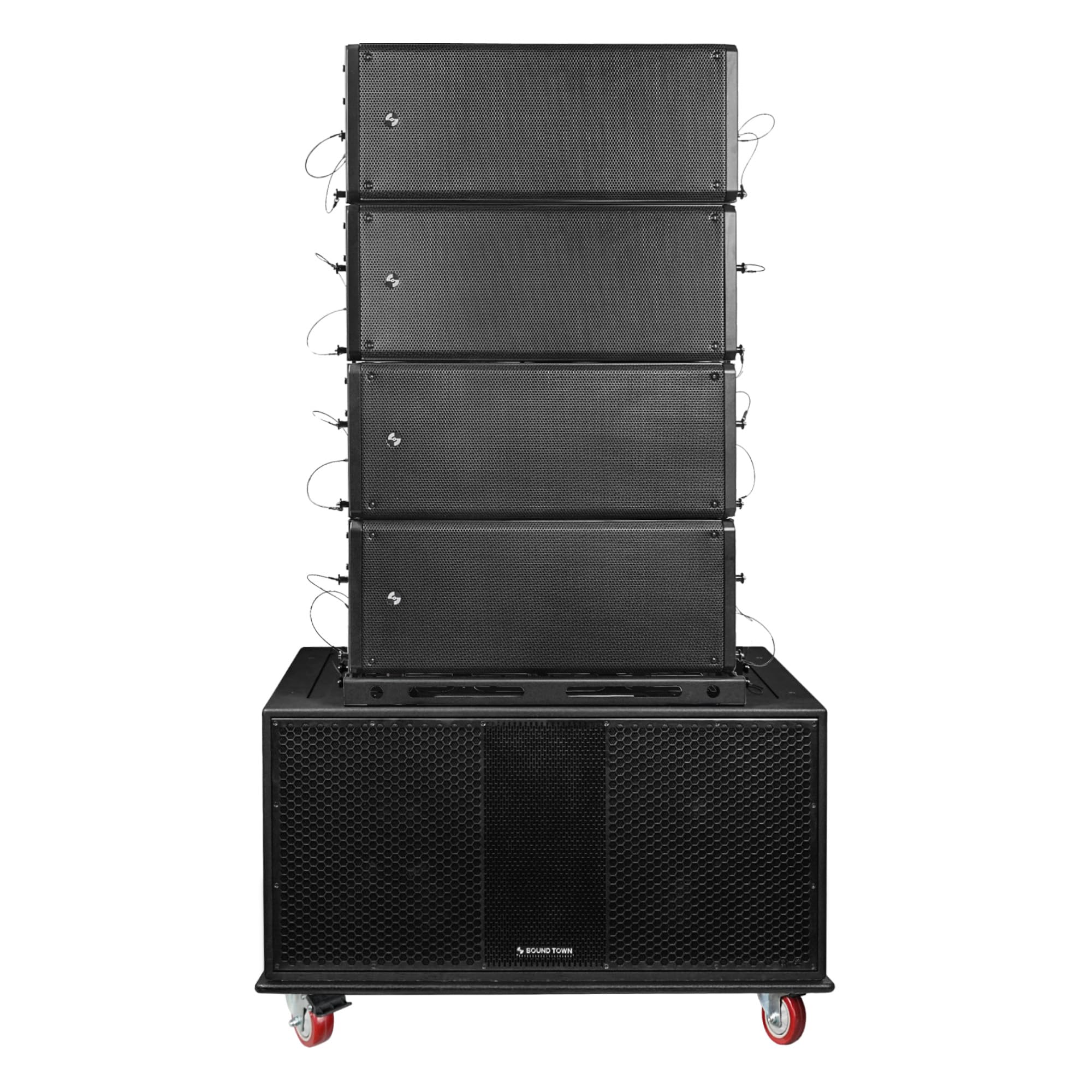 Sound Town ZETHUS Series Line Array Speaker System with Four Dual 10-inch Powered Line Array Speakers, One Dual 18-inch Line Array Subwoofer, One Flying Frame, and One Caster Board (ZS-A210X4-218S)